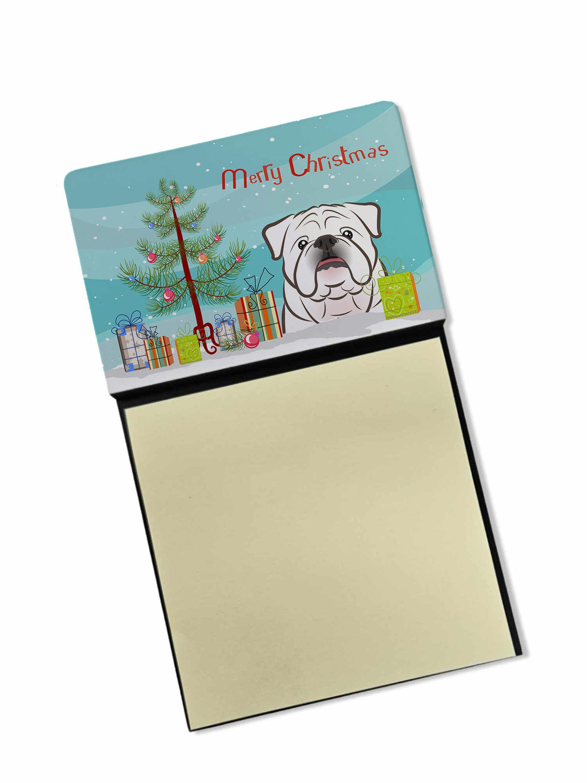 Christmas Tree and White English Bulldog  Watercolor Sticky Note Holder Refillable Dispenser Desk Accessory 3x3 Pad Gift
