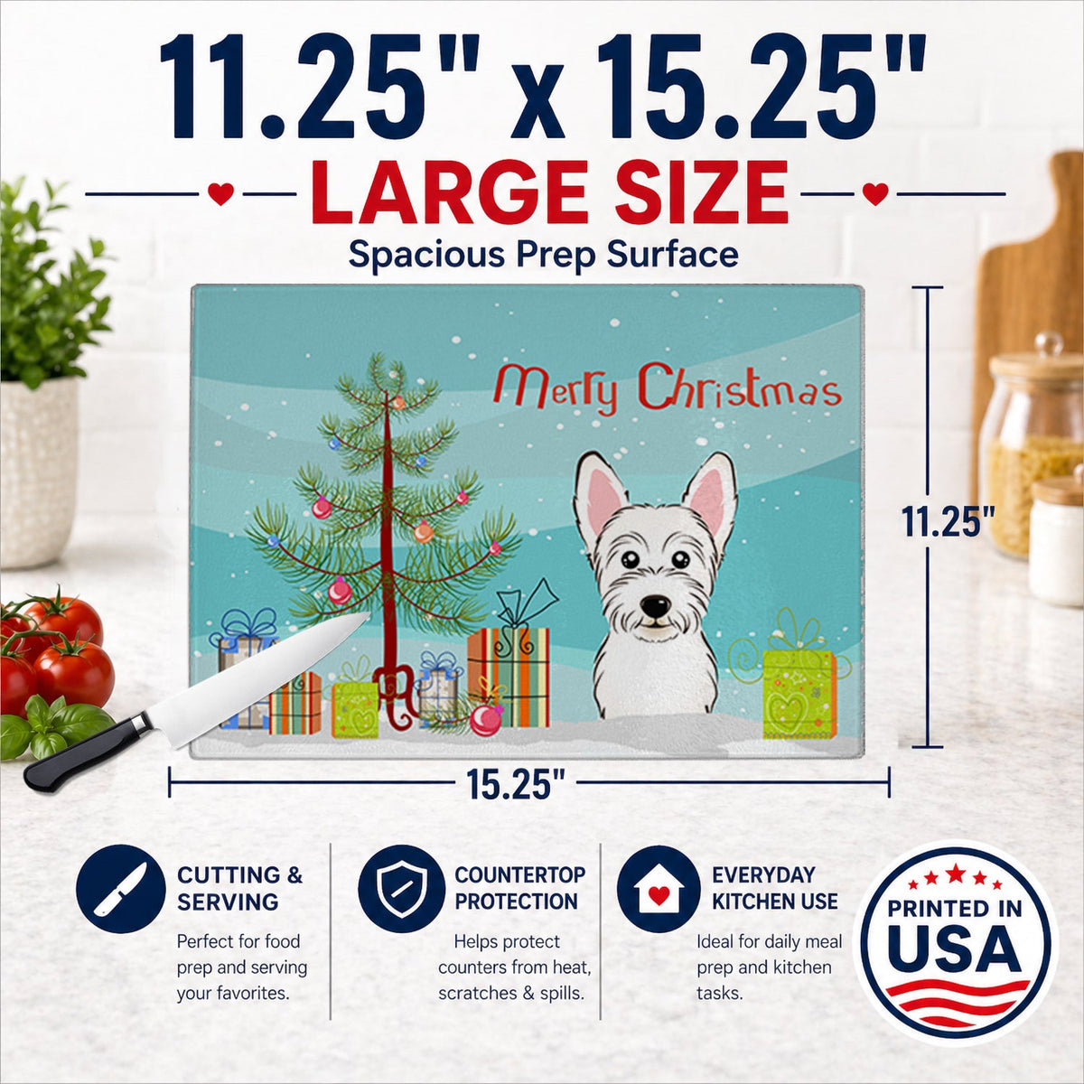 Christmas Tree and Westie Cutting Board Tempered Glass Kitchen Cutting Surface, Heat Resistant Chopping, Non-Slip Feet, Food Prep & Serving