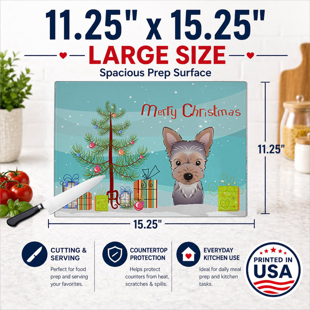 Christmas Tree and Yorkie Puppy Cutting Board Tempered Glass Kitchen Cutting Surface, Heat Resistant Chopping, Non-Slip Feet, Food Prep & Serving