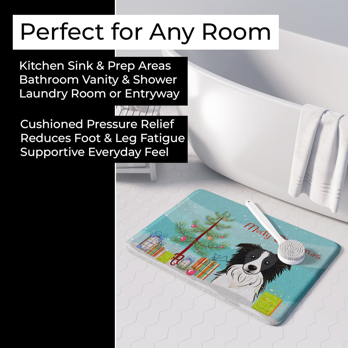 Christmas Tree and Border Collie Memory Foam Kitchen Mat Machine Washable Anti-Fatigue Cushion Comfort Bath or Kitchen Rug