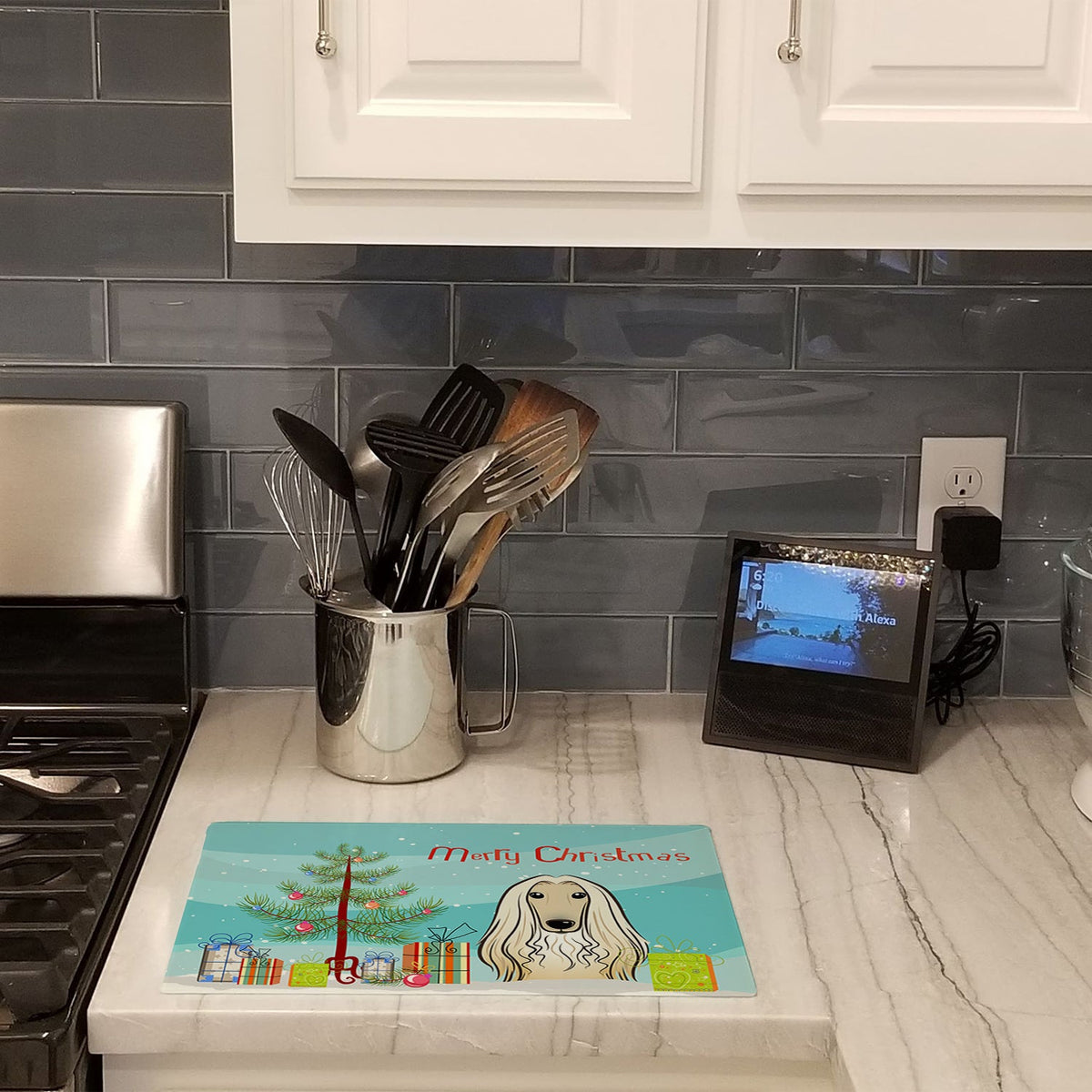 Christmas Tree and Afghan Hound Cutting Board Tempered Glass Kitchen Cutting Surface, Heat Resistant Chopping, Non-Slip Feet, Food Prep & Serving