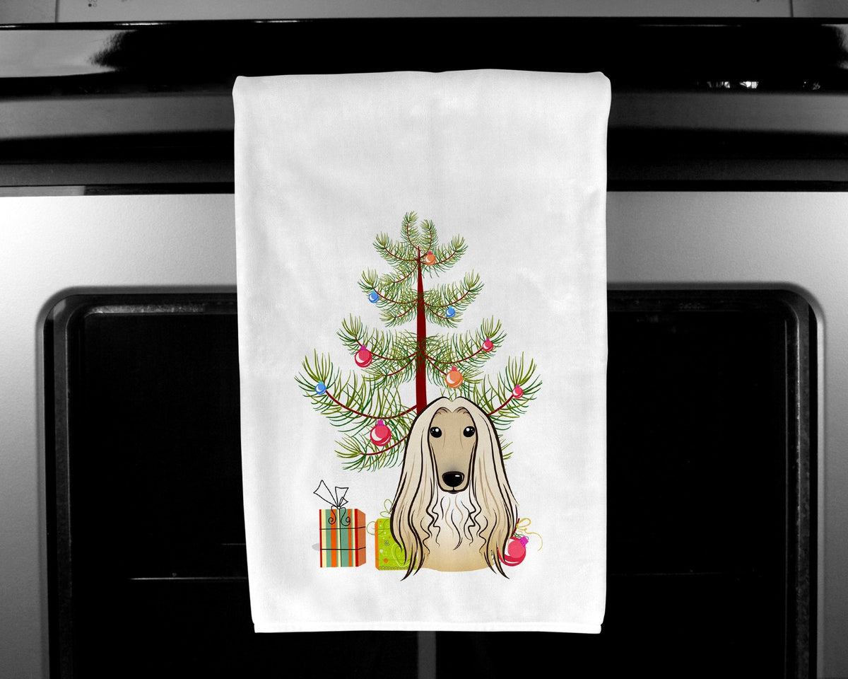 Christmas Tree and Afghan Hound Kitchen Towel Set of 2 White Dish Towels Decorative Bathroom Hand towel for Hand, Face, Hair, Yoga, Tea, Dishcloth, 19 X 28", White