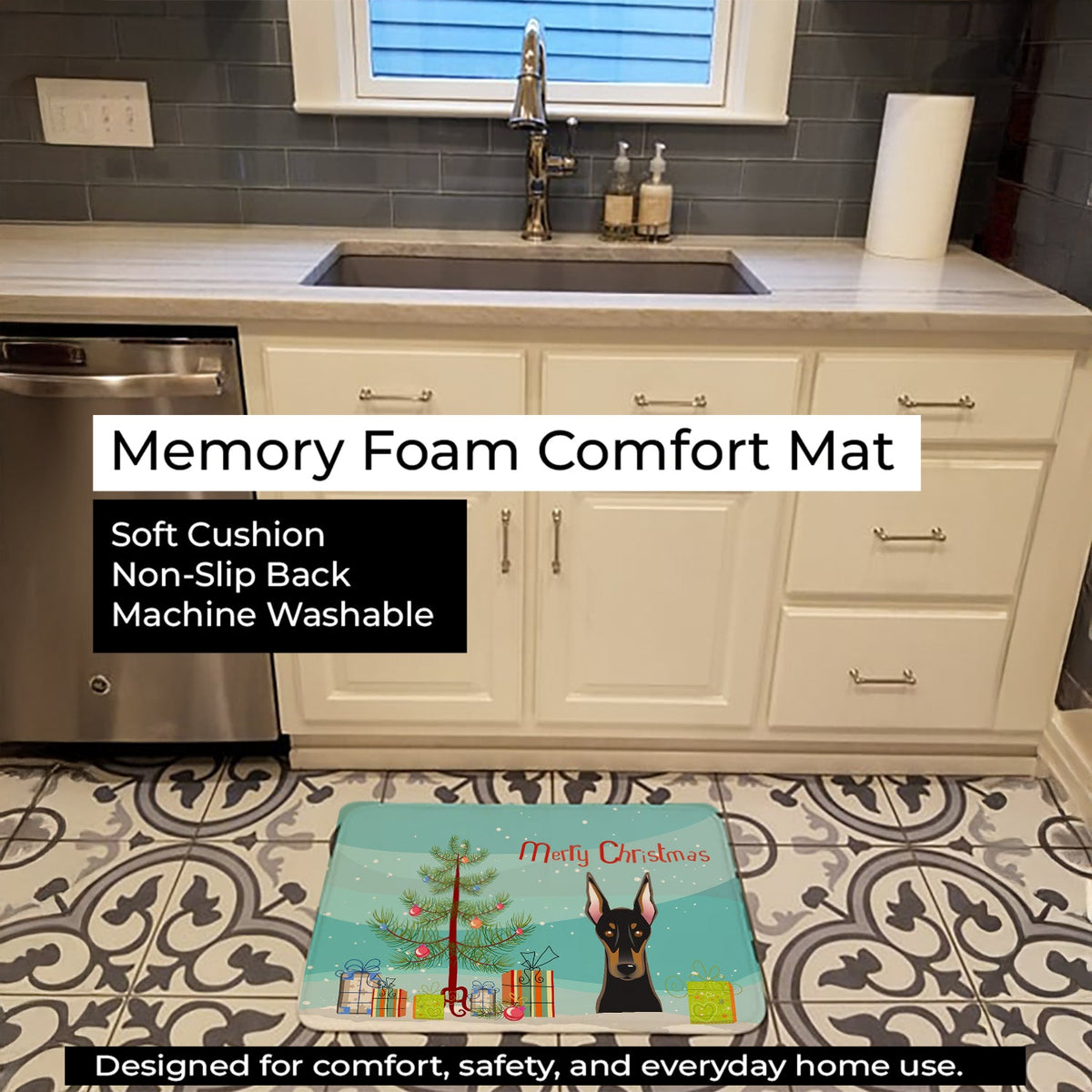 Christmas Tree and Doberman Memory Foam Kitchen Mat Machine Washable Anti-Fatigue Cushion Comfort Bath or Kitchen Rug