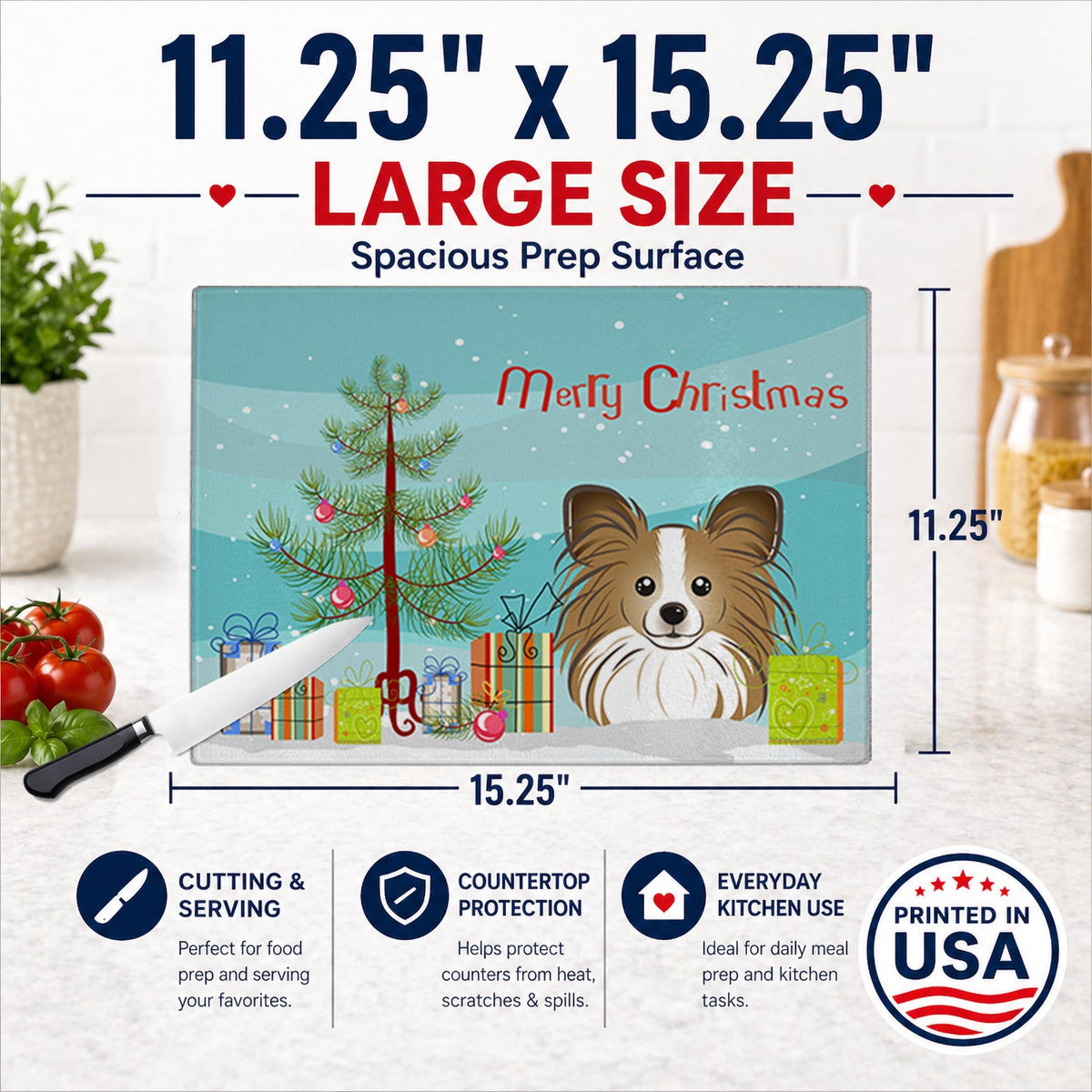 Christmas Tree and Papillon Cutting Board Tempered Glass Kitchen Cutting Surface, Heat Resistant Chopping, Non-Slip Feet, Food Prep & Serving