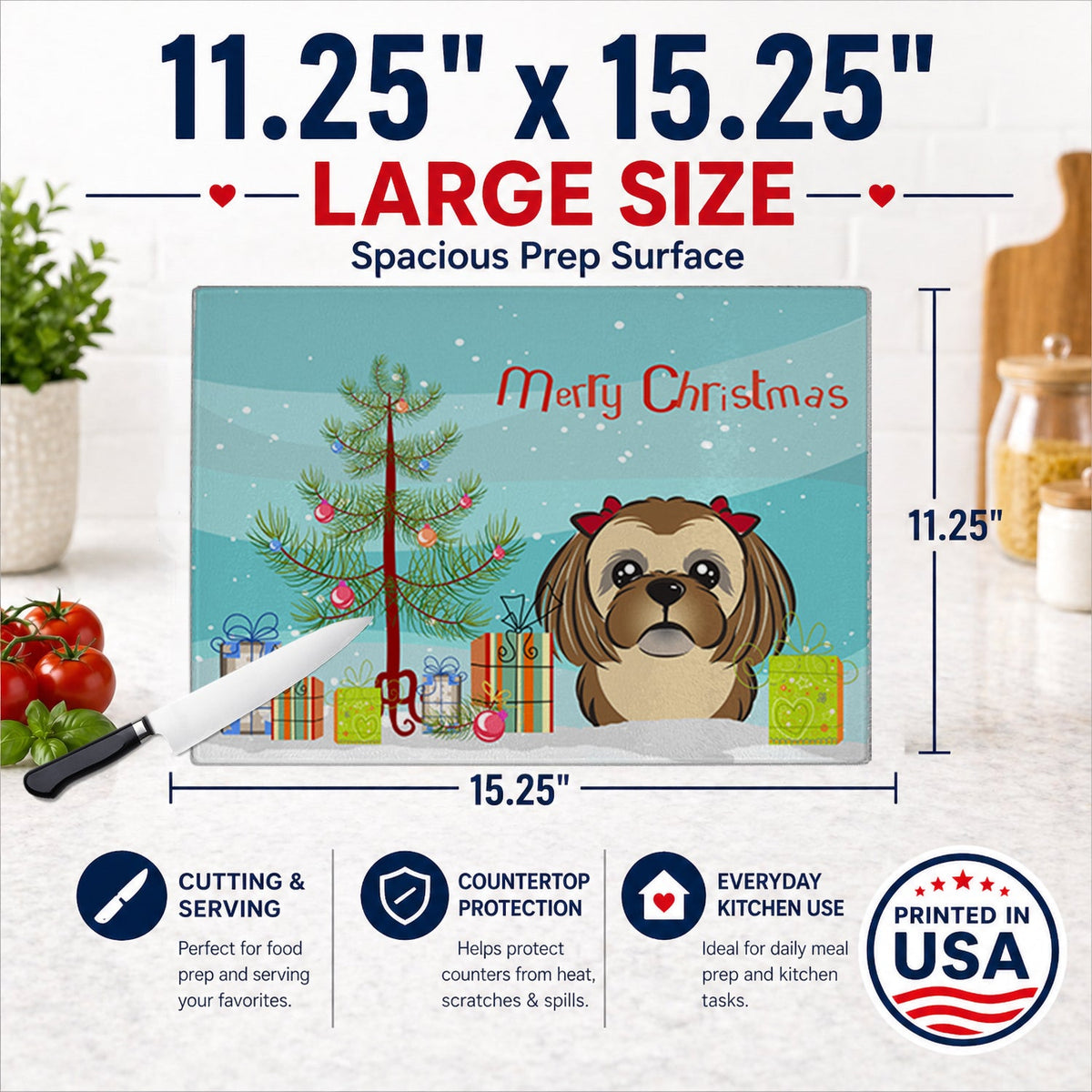 Christmas Tree and Chocolate Brown Shih Tzu Cutting Board Tempered Glass Kitchen Cutting Surface, Heat Resistant Chopping, Non-Slip Feet, Food Prep & Serving