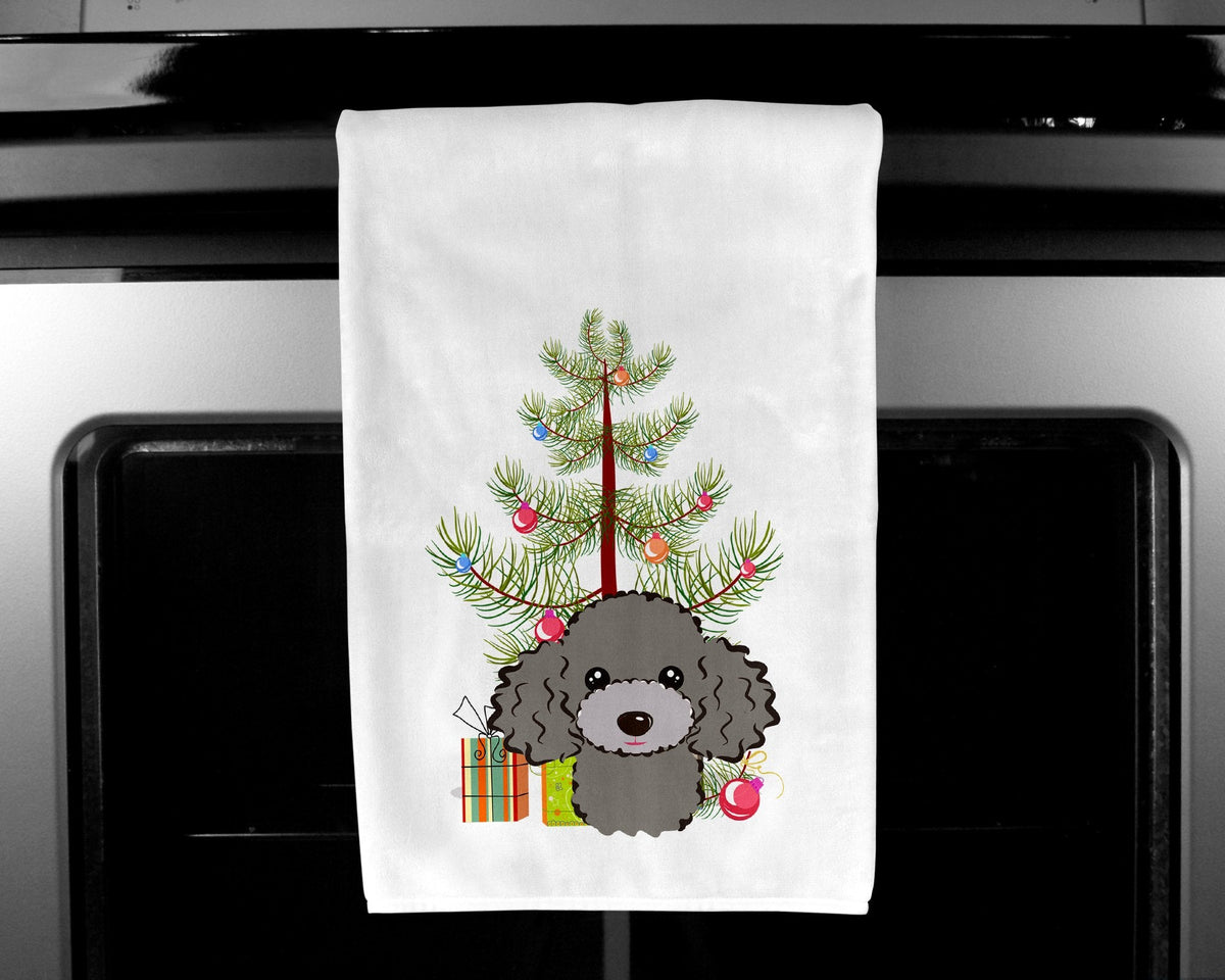 Christmas Tree and Silver Gray Poodle Kitchen Towel Set of 2 White Dish Towels Decorative Bathroom Hand towel for Hand, Face, Hair, Yoga, Tea, Dishcloth, 19 X 28", White