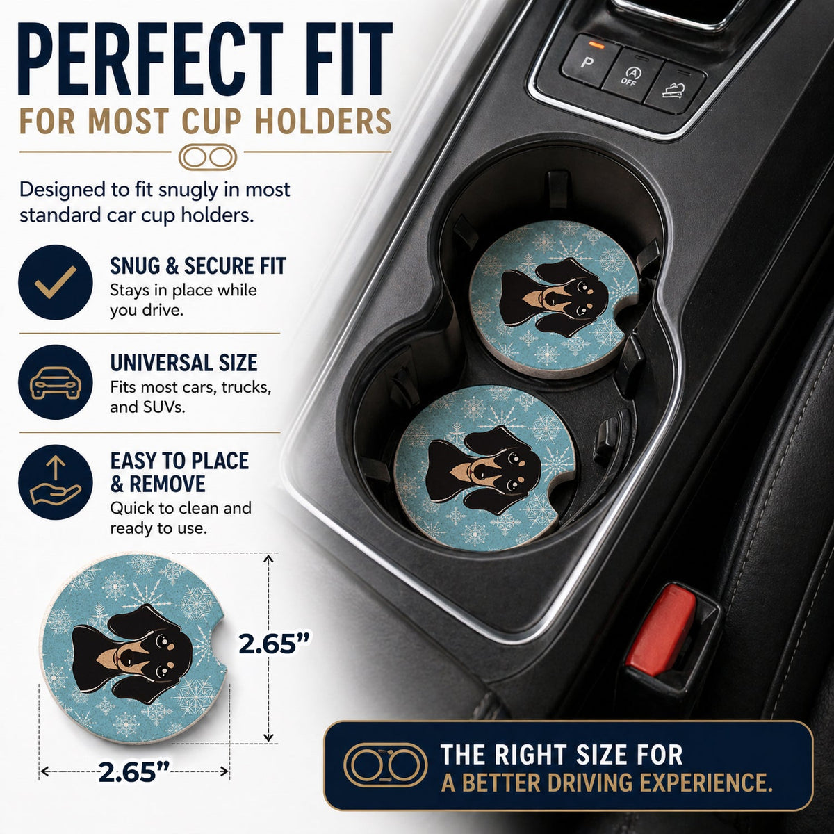 Snowflake Smooth Black and Tan Dachshund Set of 2 Cup Holder Car Coasters Absorbent Round Sandstone Coasters Gifts for Men or Women, 2.5, Multicolor