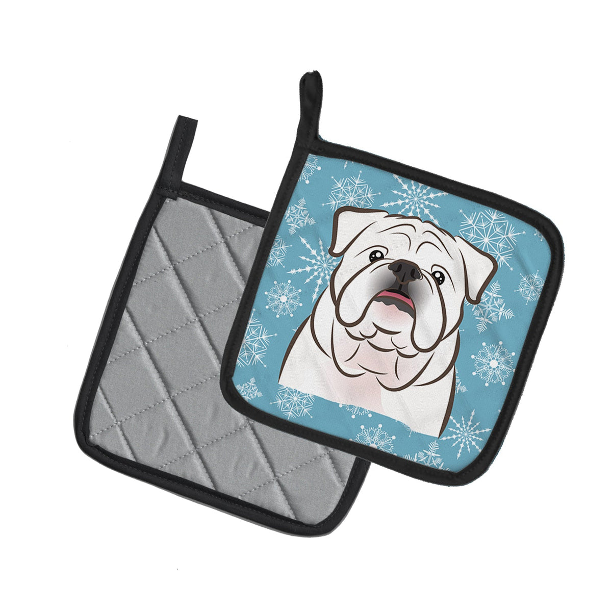 Snowflake White English Bulldog  Pot Holder Set of 2 Heat Resistant Quilted Hot Pads 7.5 x 7.5 Inch, Insulated Kitchen Trivets for Cooking & Baking