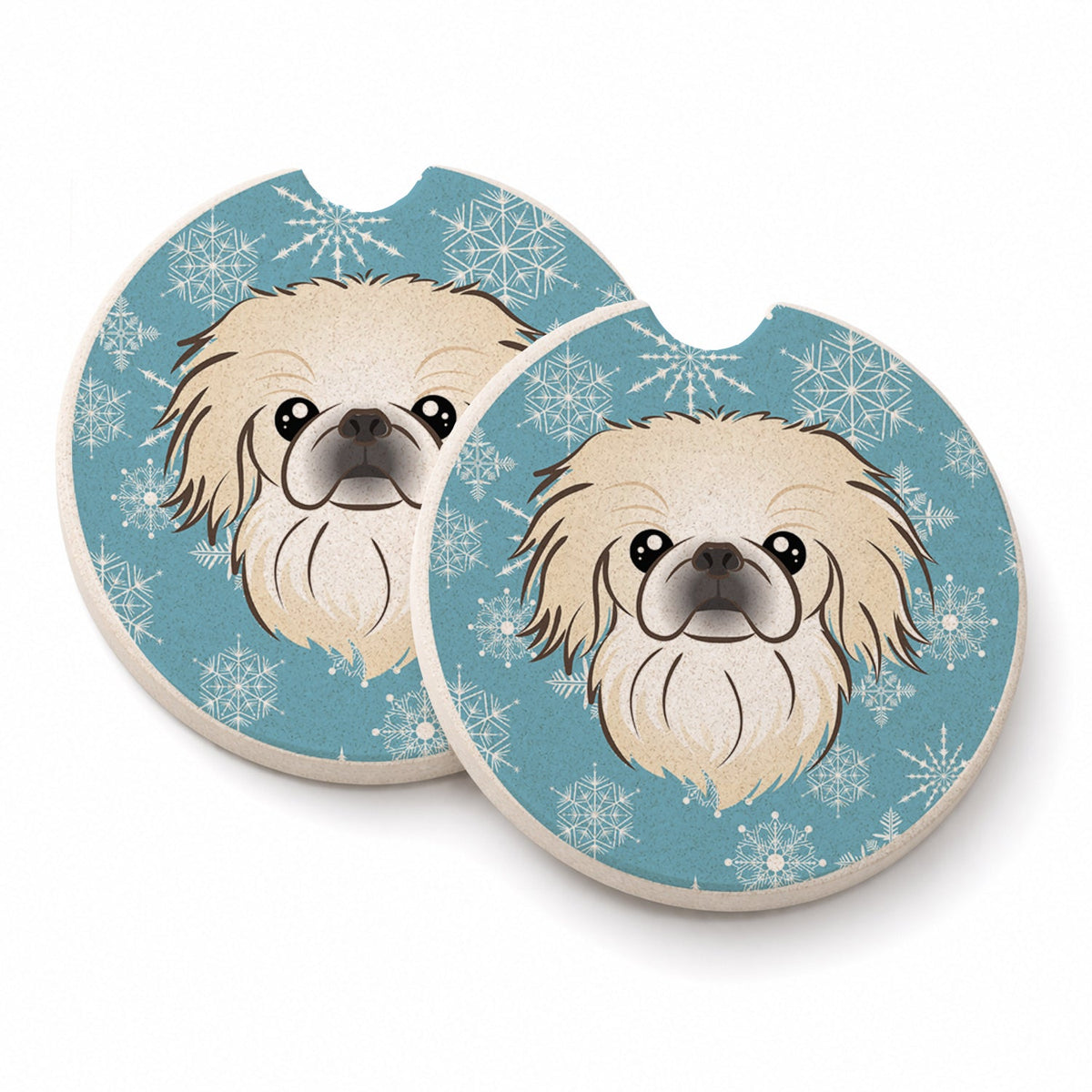 Snowflake Pekingese Set of 2 Cup Holder Car Coasters Absorbent Round Sandstone Coasters Gifts for Men or Women, 2.5, Multicolor
