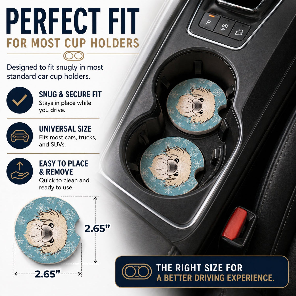 Snowflake Pekingese Set of 2 Cup Holder Car Coasters Absorbent Round Sandstone Coasters Gifts for Men or Women, 2.5, Multicolor