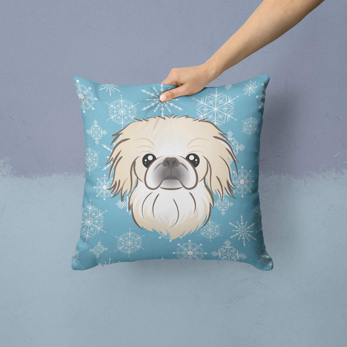 Snowflake Pekingese Decorative Throw Pillow 14x14 Indoor Outdoor Accent Cushion, Fabric Cover with Insert for Sofa, Bed, Porch & Living Room