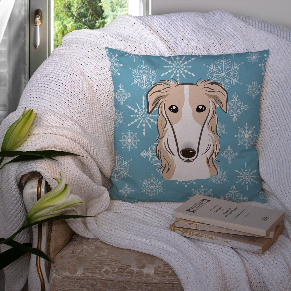 Snowflake Borzoi Decorative Throw Pillow 14x14 Indoor Outdoor Accent Cushion, Fabric Cover with Insert for Sofa, Bed, Porch & Living Room