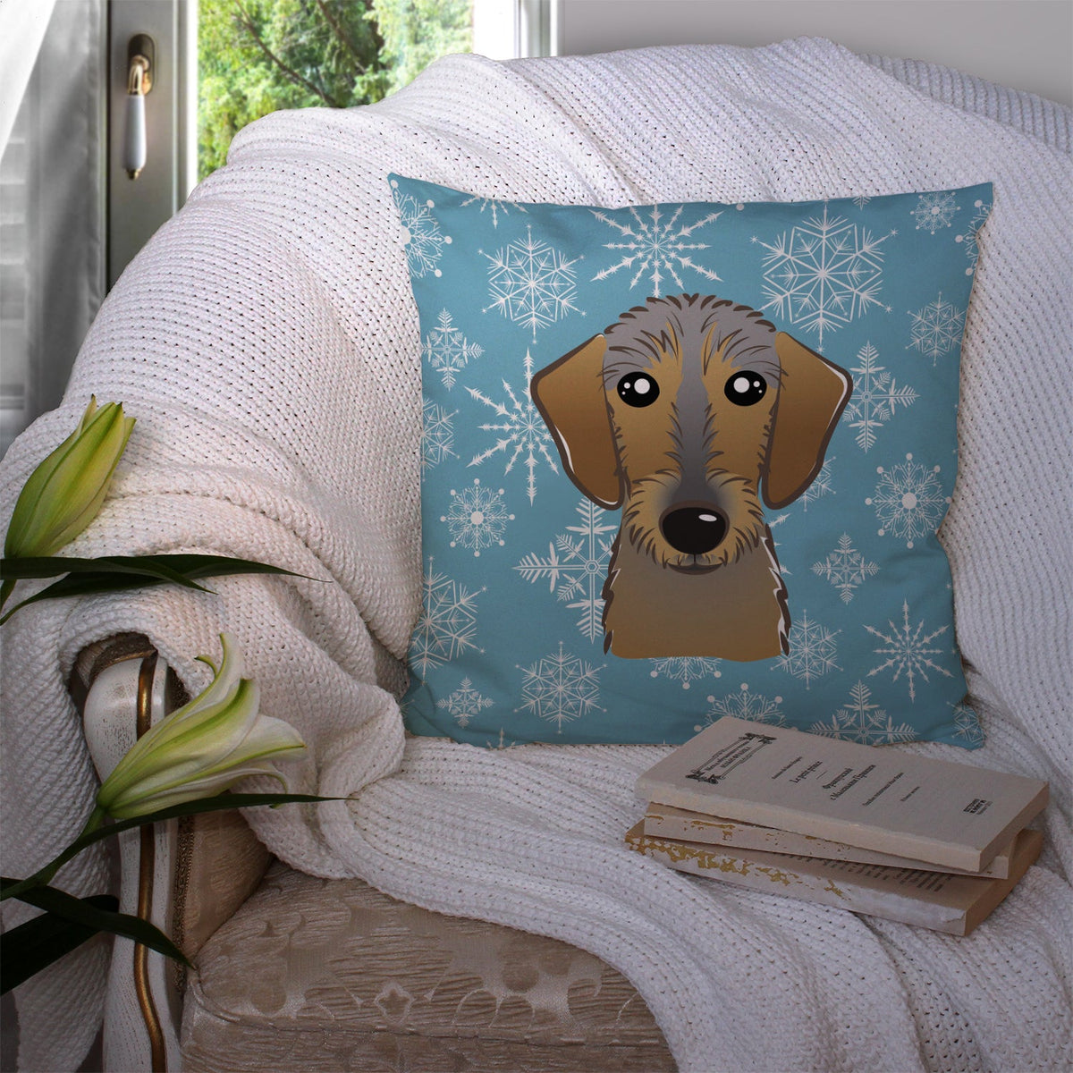 Snowflake Wirehaired Dachshund Decorative Throw Pillow 14x14 Indoor Outdoor Accent Cushion, Fabric Cover with Insert for Sofa, Bed, Porch & Living Room