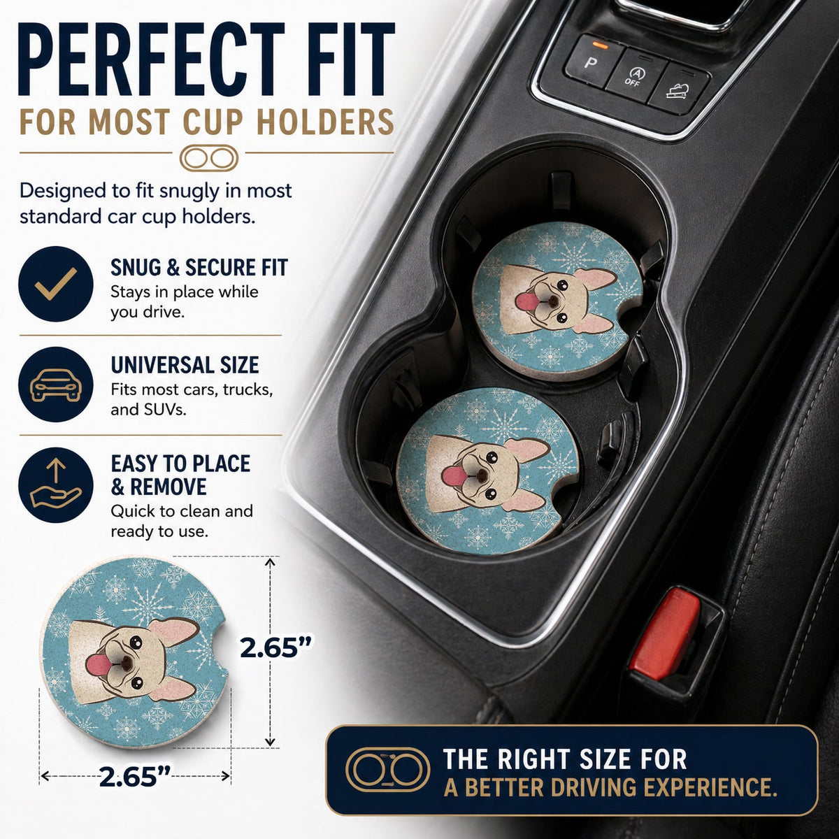 Snowflake French Bulldog Set of 2 Cup Holder Car Coasters Absorbent Round Sandstone Coasters Gifts for Men or Women, 2.5, Multicolor