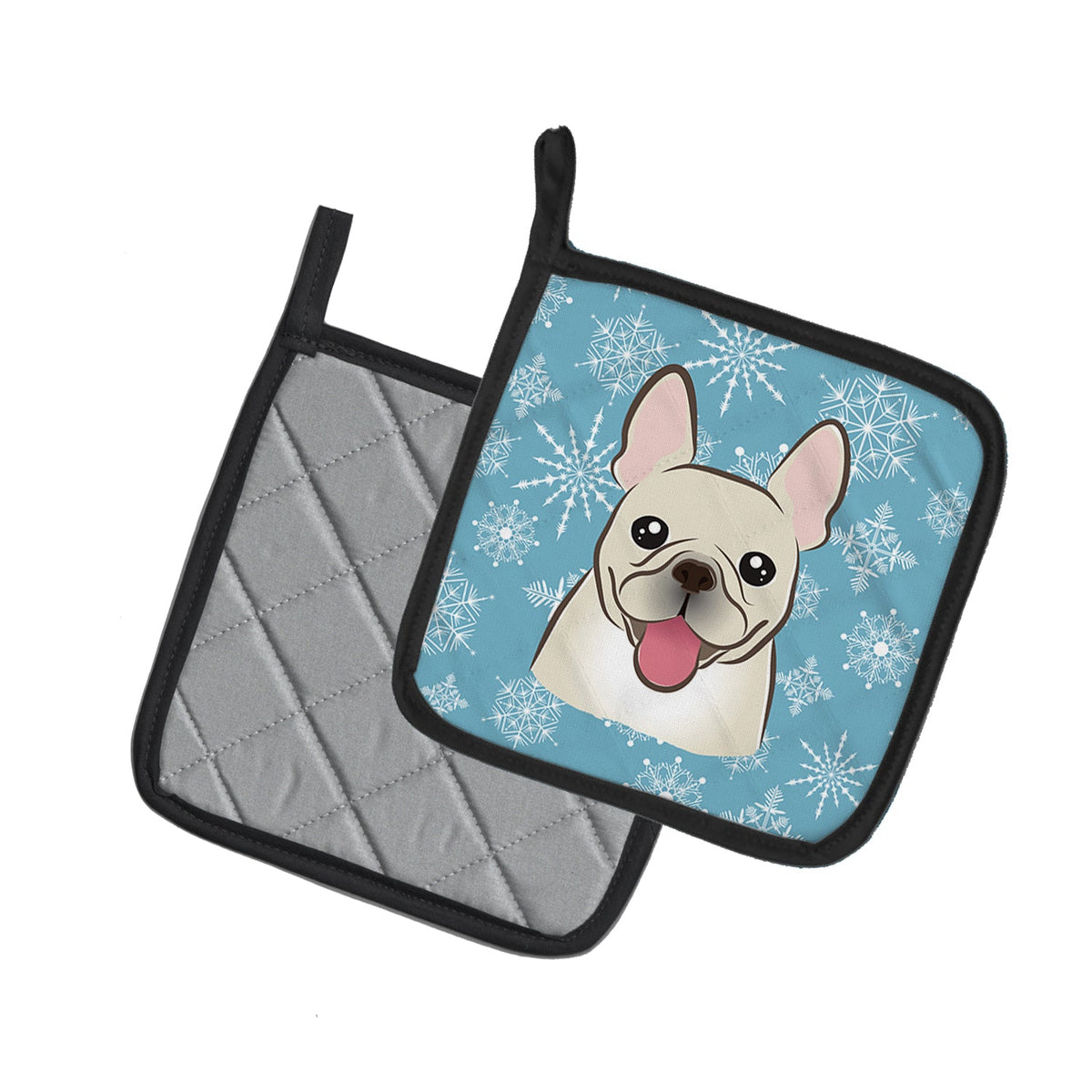 Snowflake French Bulldog Pot Holder Set of 2 Heat Resistant Quilted Hot Pads 7.5 x 7.5 Inch, Insulated Kitchen Trivets for Cooking & Baking