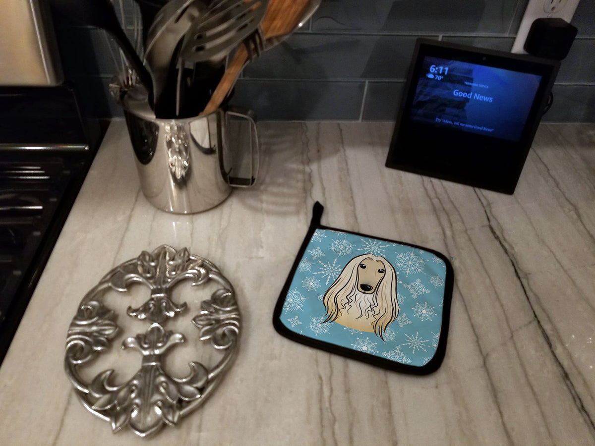 Snowflake Afghan Hound Pot Holder Set of 2 Heat Resistant Quilted Hot Pads 7.5 x 7.5 Inch, Insulated Kitchen Trivets for Cooking & Baking