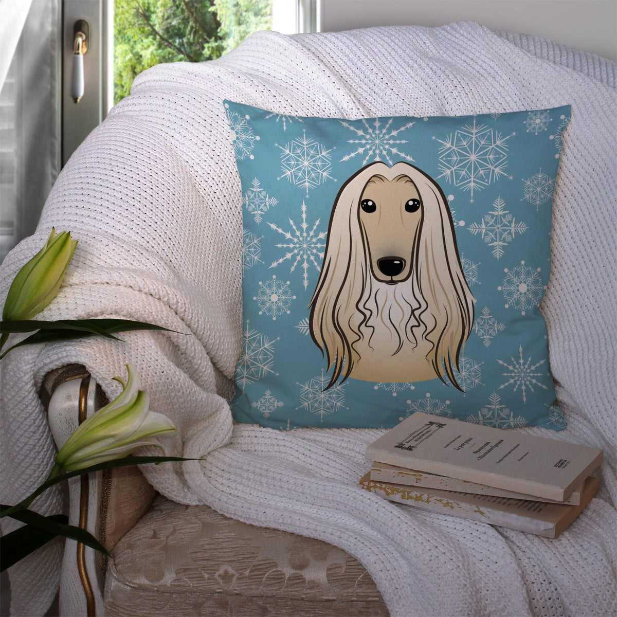 Snowflake Afghan Hound Decorative Throw Pillow 14x14 Indoor Outdoor Accent Cushion, Fabric Cover with Insert for Sofa, Bed, Porch & Living Room