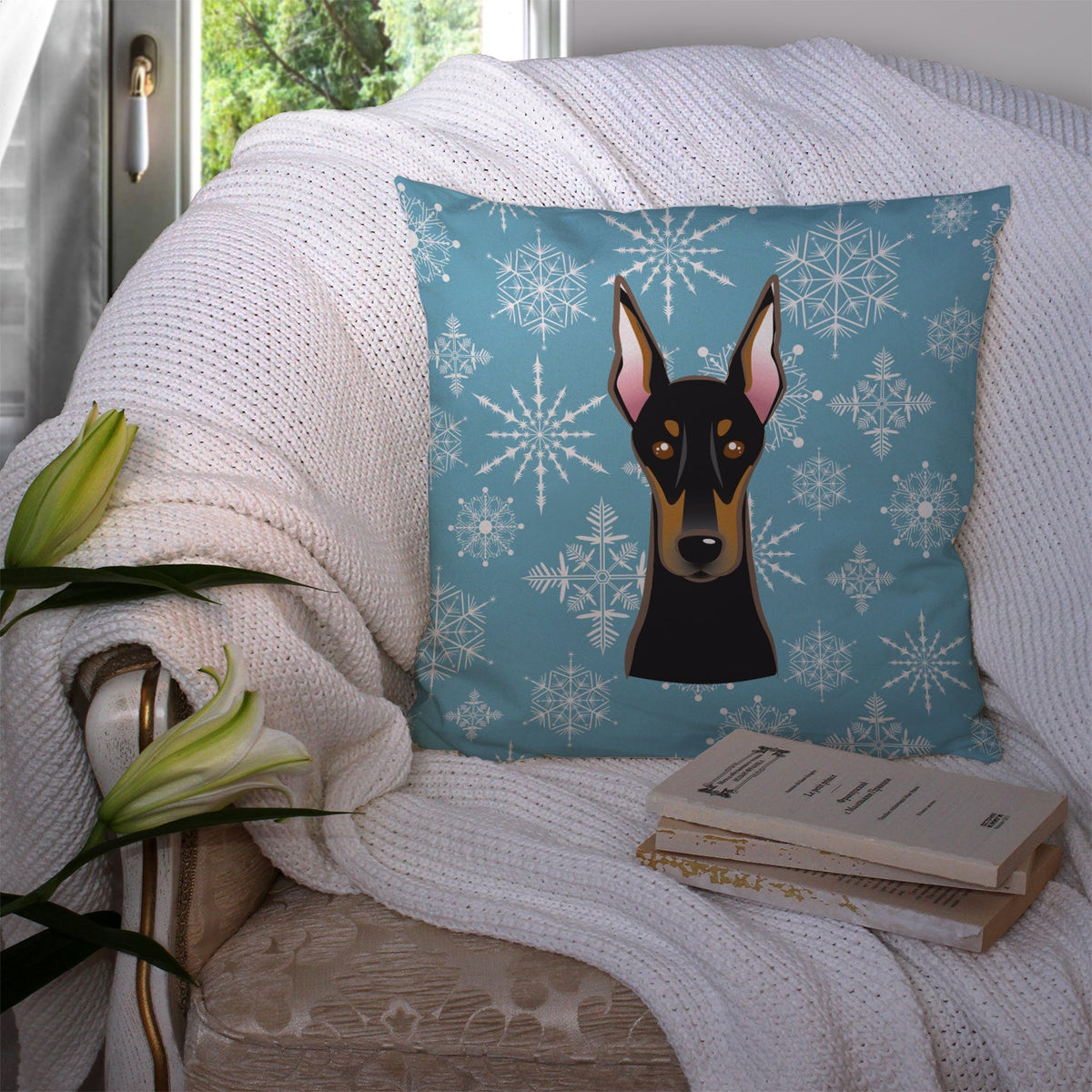Snowflake Doberman Decorative Throw Pillow 14x14 Indoor Outdoor Accent Cushion, Fabric Cover with Insert for Sofa, Bed, Porch & Living Room