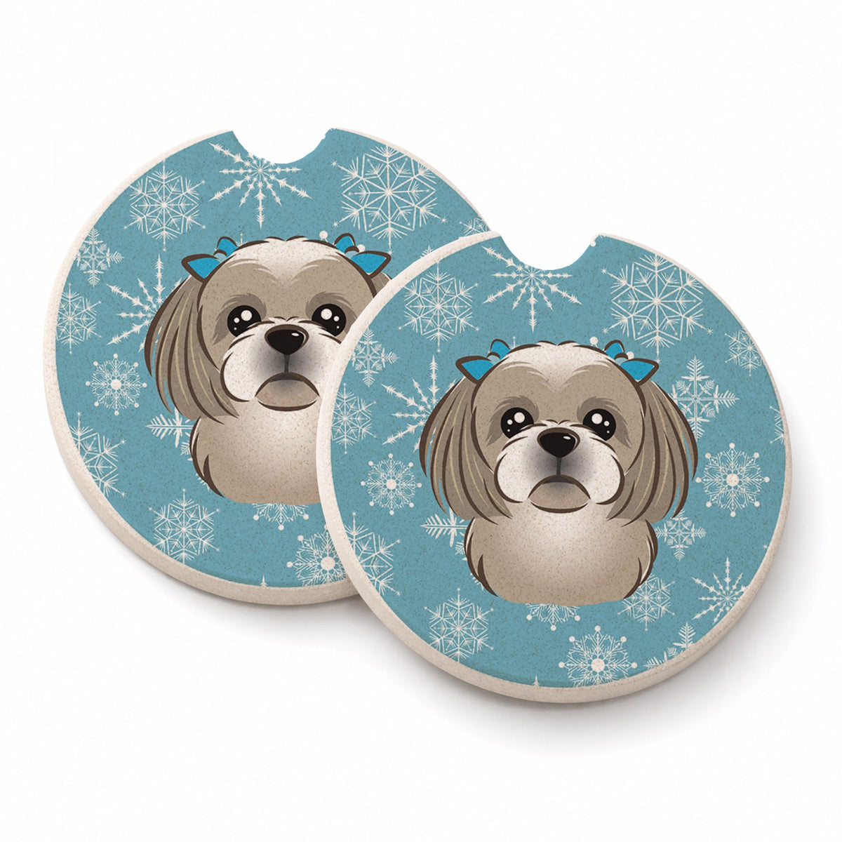 Snowflake Gray Silver Shih Tzu Set of 2 Cup Holder Car Coasters Absorbent Round Sandstone Coasters Gifts for Men or Women, 2.5, Multicolor