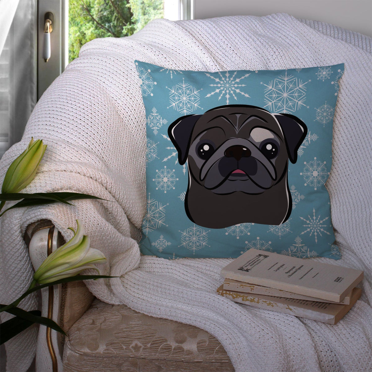 Snowflake Black Pug Decorative Throw Pillow 14x14 Indoor Outdoor Accent Cushion, Fabric Cover with Insert for Sofa, Bed, Porch & Living Room