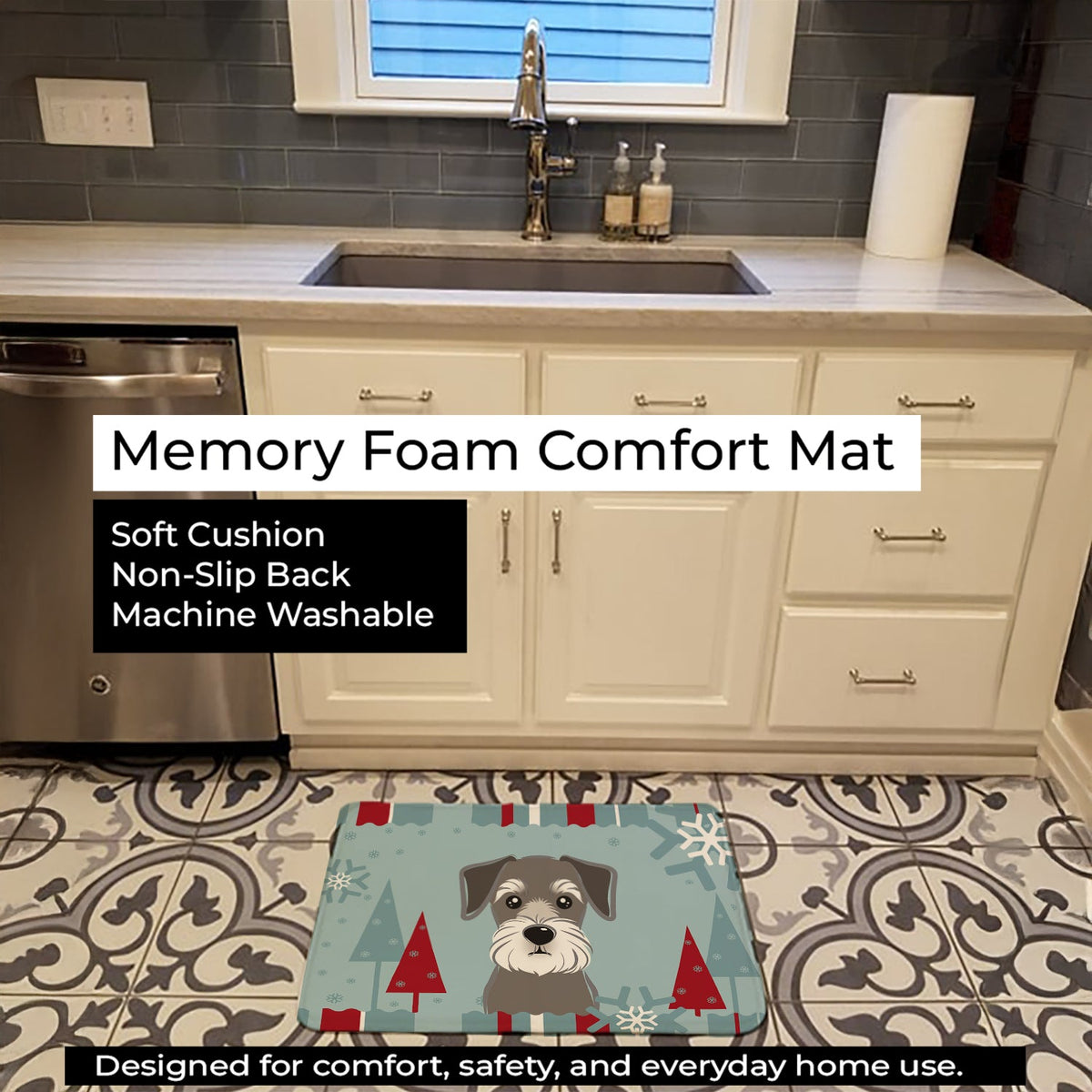 Winter Holiday Schnauzer Memory Foam Kitchen Mat Machine Washable Anti-Fatigue Cushion Comfort Bath or Kitchen Rug