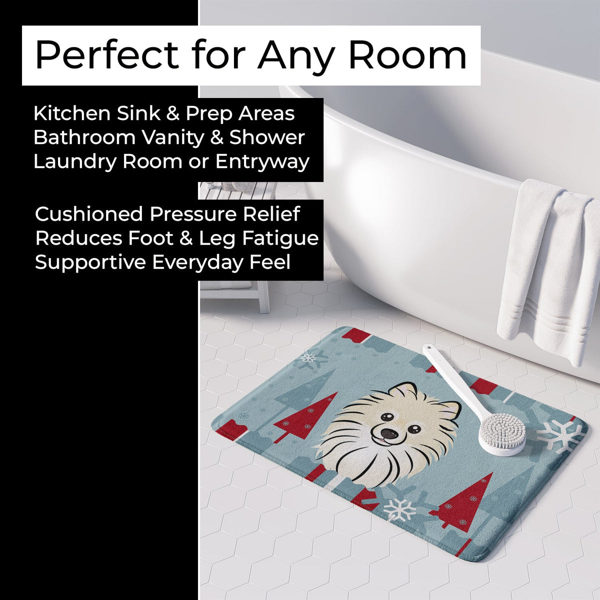 Winter Holiday Pomeranian Memory Foam Kitchen Mat Machine Washable Anti-Fatigue Cushion Comfort Bath or Kitchen Rug