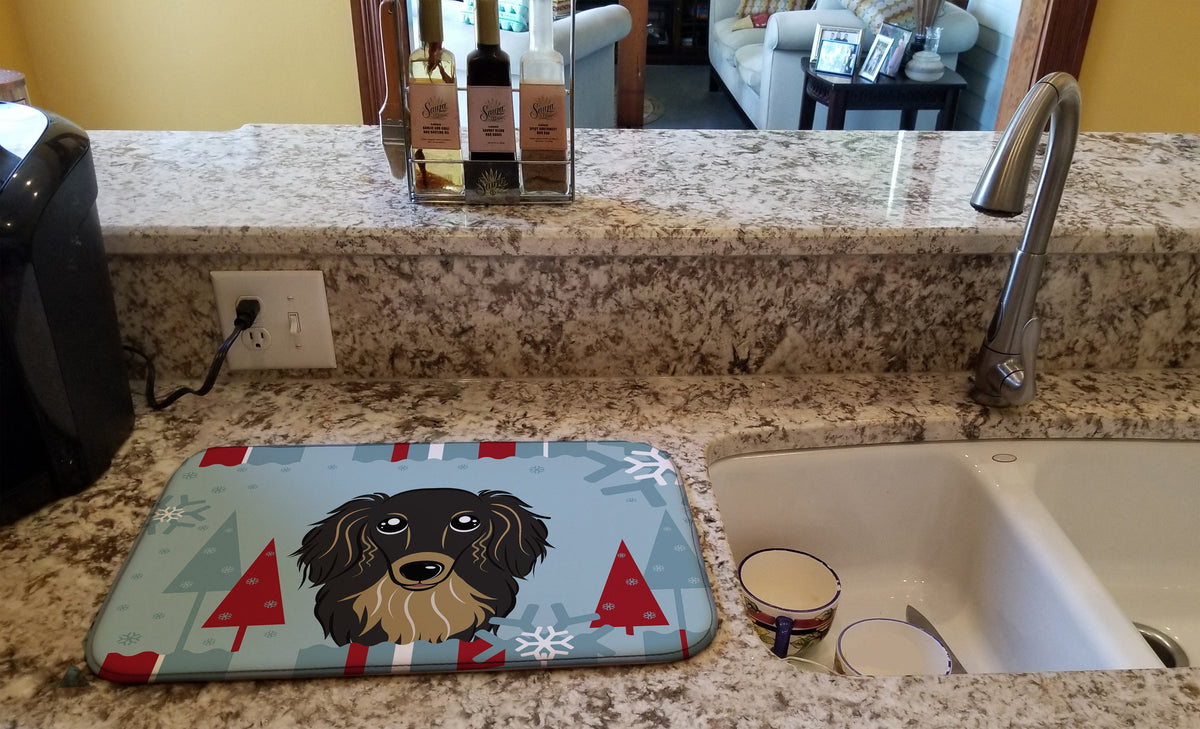 Winter Holiday Longhair Black and Tan Dachshund Dish Drying Mat Absorbent Dish Drying Mat Pad for Kitchen Counter Dish Drainer Mat for Countertop, 14 x 21", Multicolor