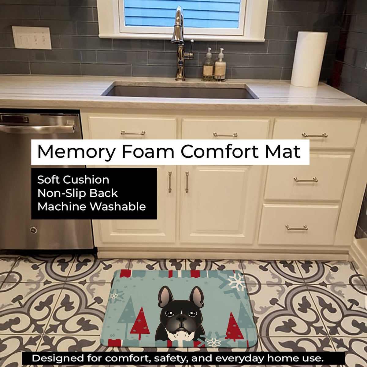 Winter Holiday French Bulldog Memory Foam Kitchen Mat Machine Washable Anti-Fatigue Cushion Comfort Bath or Kitchen Rug