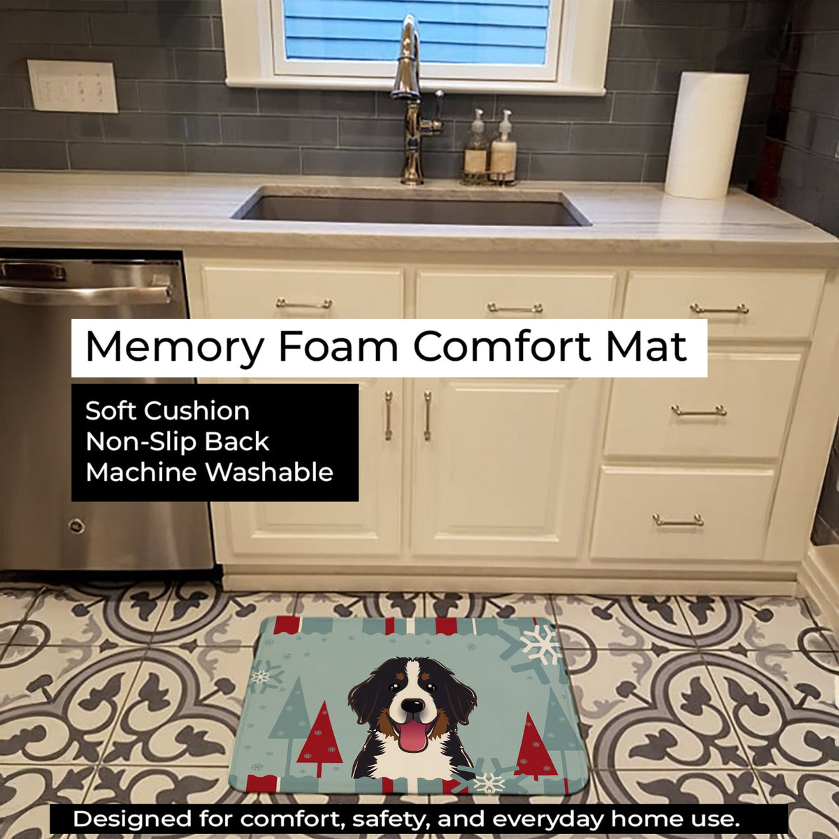 Winter Holiday Bernese Mountain Dog Memory Foam Kitchen Mat Machine Washable Anti-Fatigue Cushion Comfort Bath or Kitchen Rug
