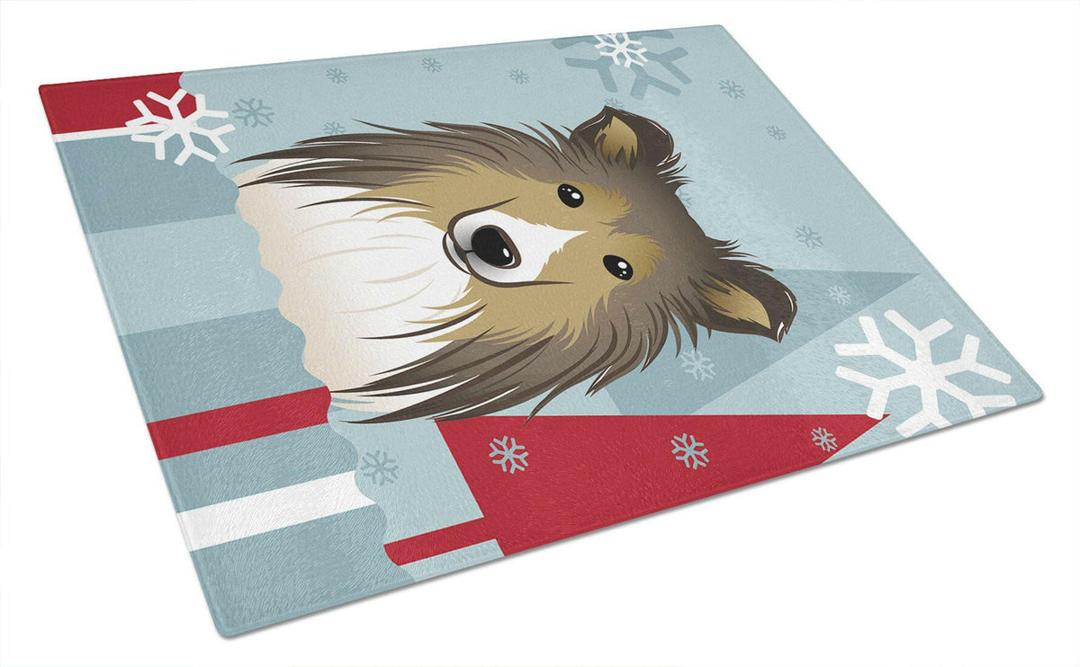 Winter Holiday Sheltie Cutting Board Tempered Glass Kitchen Cutting Surface, Heat Resistant Chopping, Non-Slip Feet, Food Prep & Serving