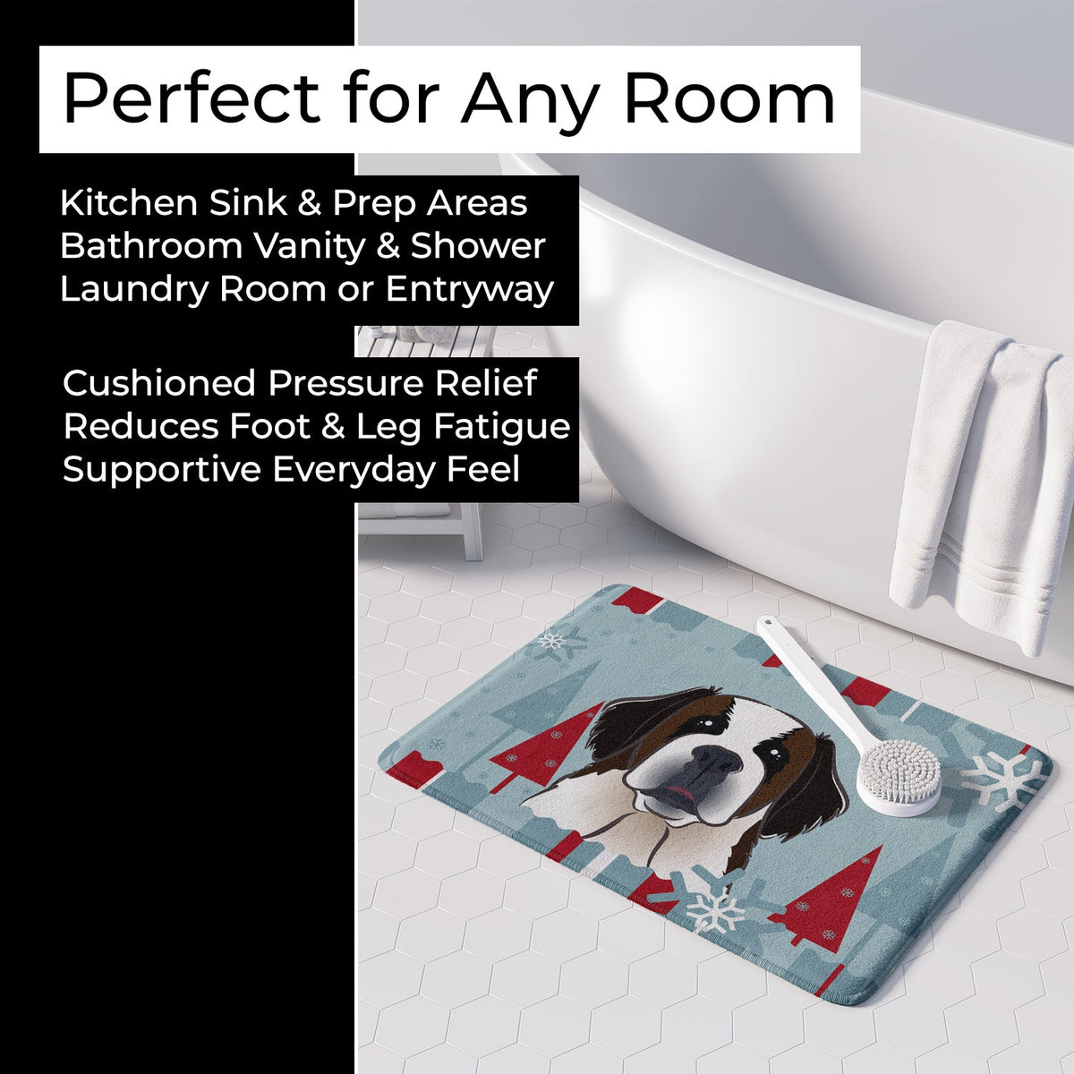 Winter Holiday Saint Bernard Memory Foam Kitchen Mat Machine Washable Anti-Fatigue Cushion Comfort Bath or Kitchen Rug