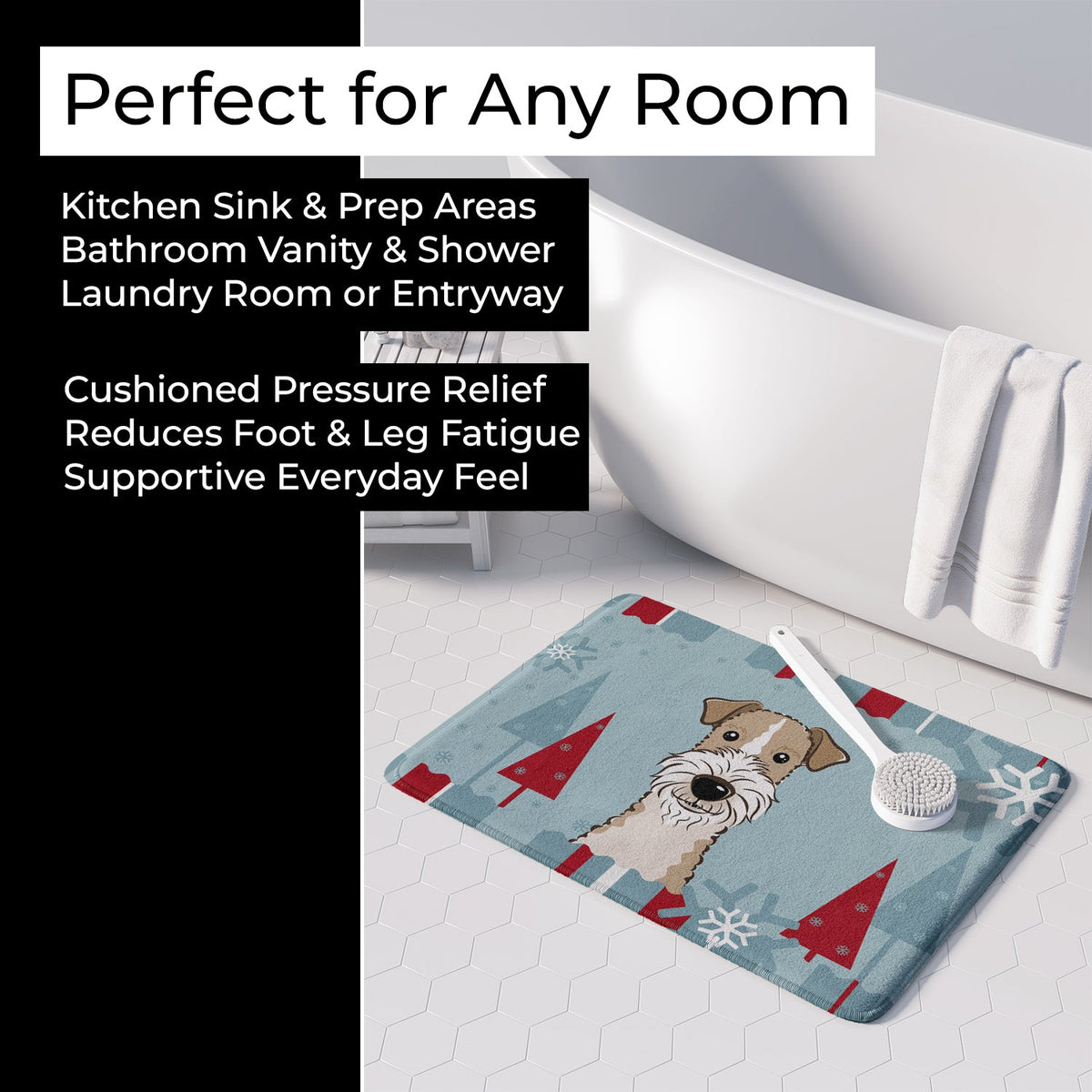 Winter Holiday Wire Haired Fox Terrier Memory Foam Kitchen Mat Machine Washable Anti-Fatigue Cushion Comfort Bath or Kitchen Rug