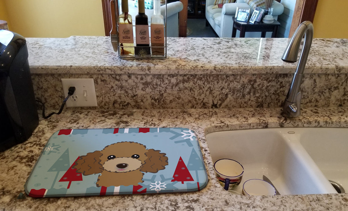 Winter Holiday Chocolate Brown Poodle Dish Drying Mat Absorbent Dish Drying Mat Pad for Kitchen Counter Dish Drainer Mat for Countertop, 14 x 21", Multicolor