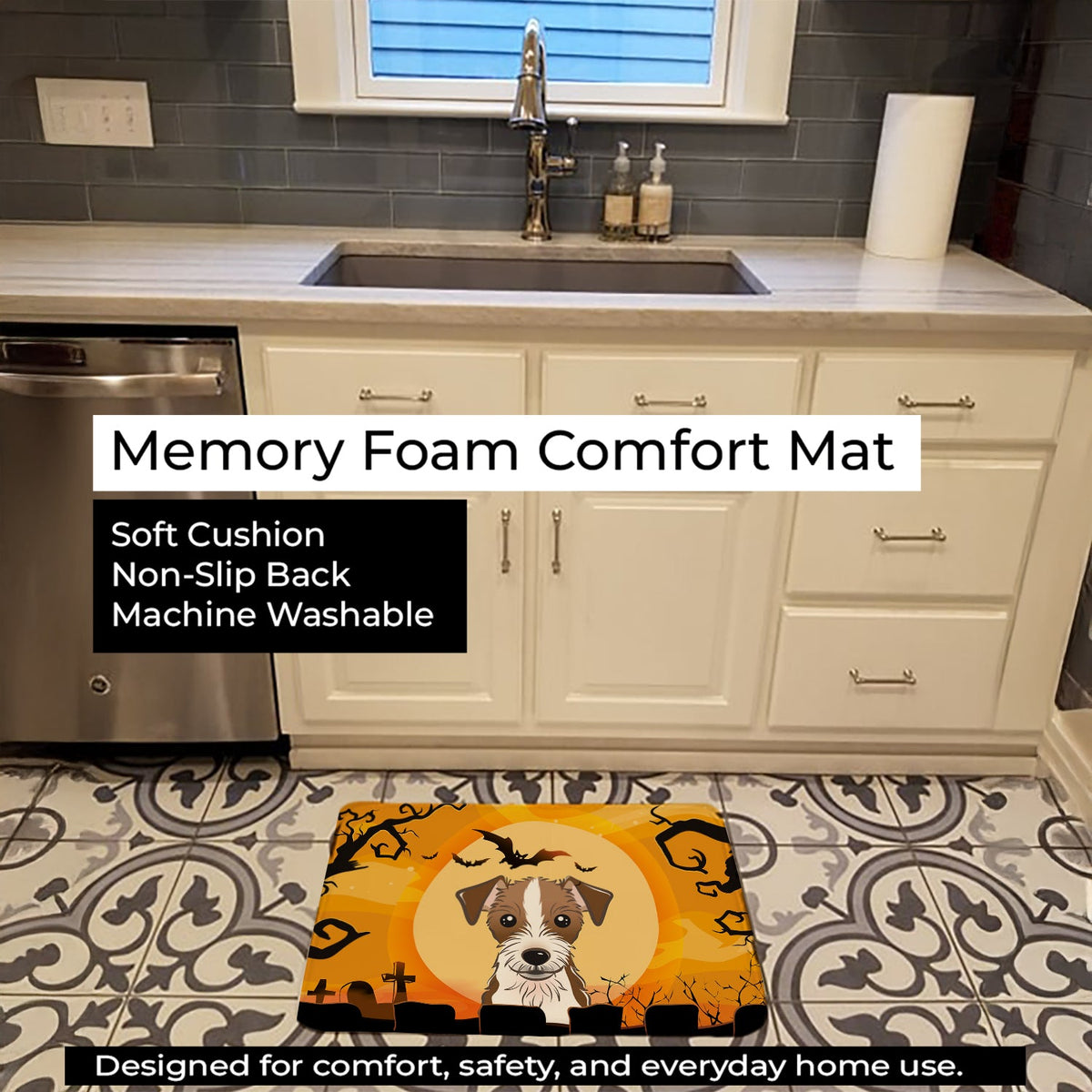 Halloween Jack Russell Terrier Memory Foam Kitchen Mat Machine Washable Anti-Fatigue Cushion Comfort Bath or Kitchen Rug
