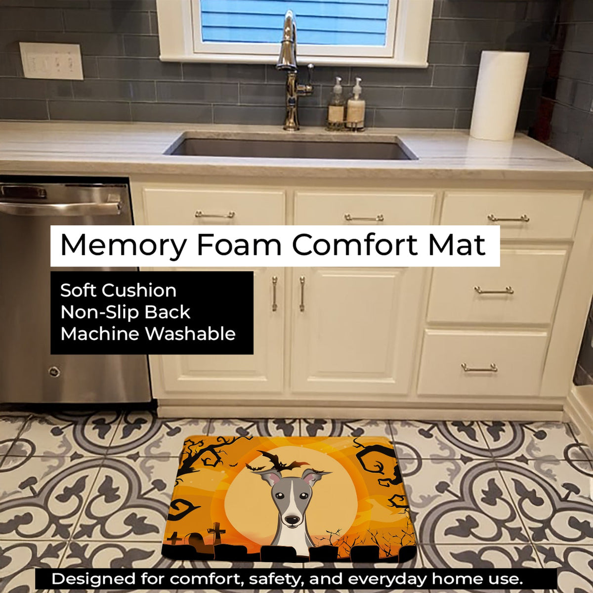 Halloween Italian Greyhound Memory Foam Kitchen Mat Machine Washable Anti-Fatigue Cushion Comfort Bath or Kitchen Rug