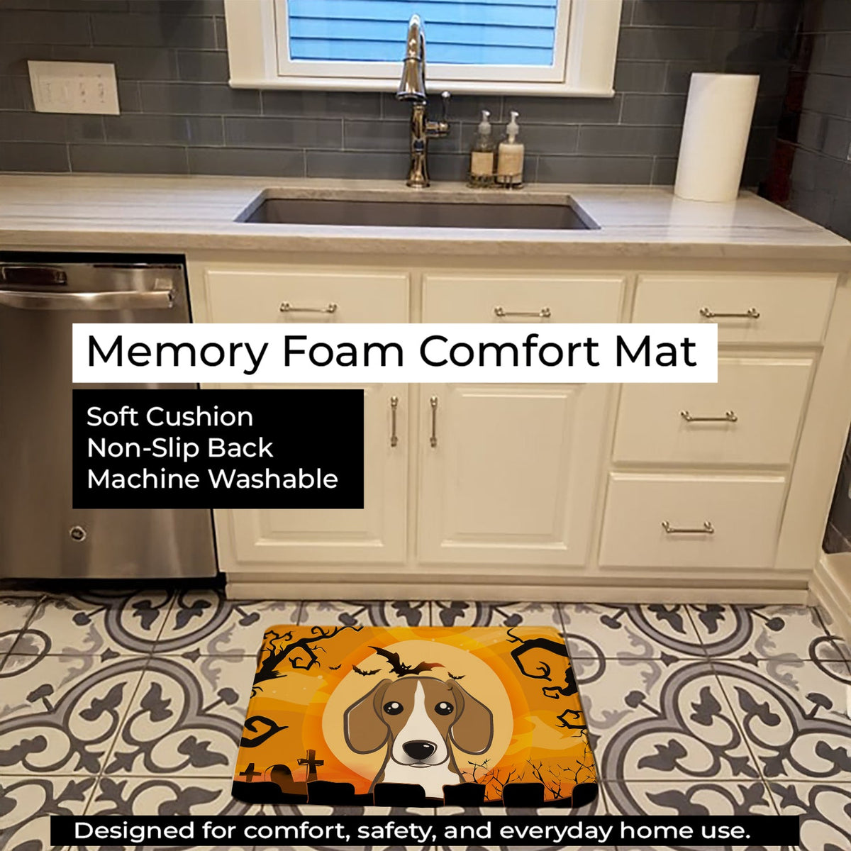 Halloween Beagle Memory Foam Kitchen Mat Machine Washable Anti-Fatigue Cushion Comfort Bath or Kitchen Rug