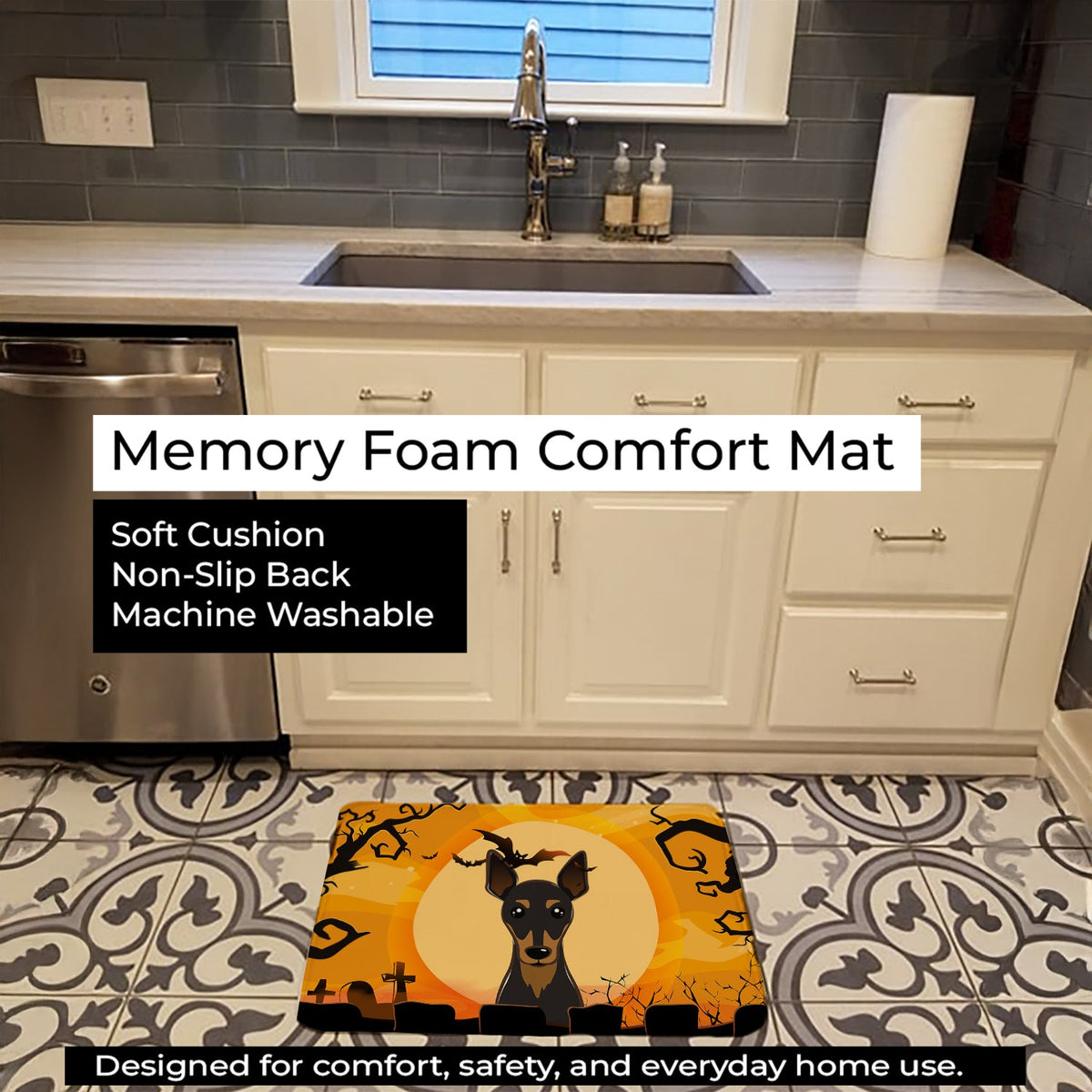 Halloween Min Pin Memory Foam Kitchen Mat Machine Washable Anti-Fatigue Cushion Comfort Bath or Kitchen Rug