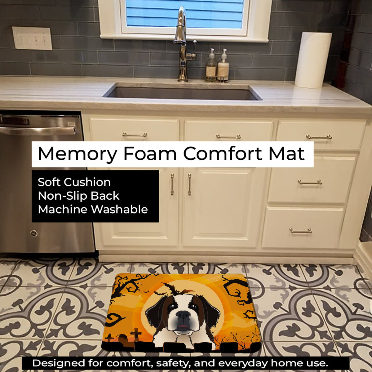 Halloween Saint Bernard Memory Foam Kitchen Mat Machine Washable Anti-Fatigue Cushion Comfort Bath or Kitchen Rug