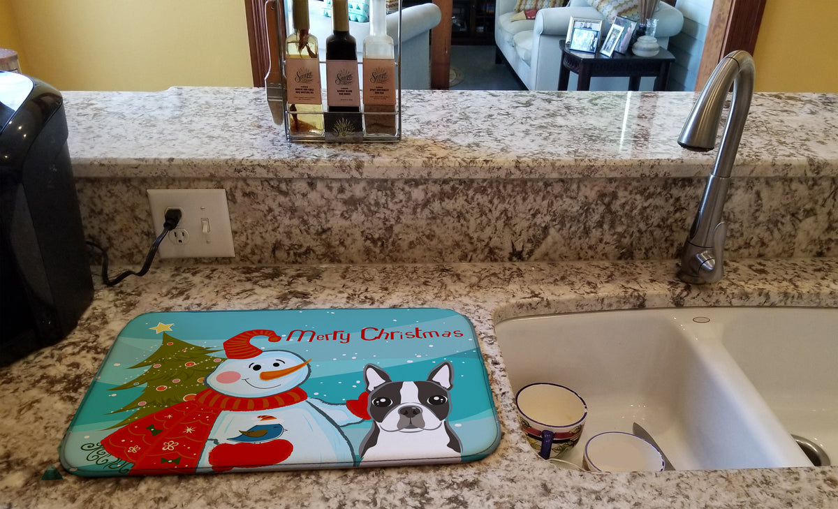 Snowman with Boston Terrier Dish Drying Mat Absorbent Dish Drying Mat Pad for Kitchen Counter Dish Drainer Mat for Countertop, 14 x 21", Multicolor