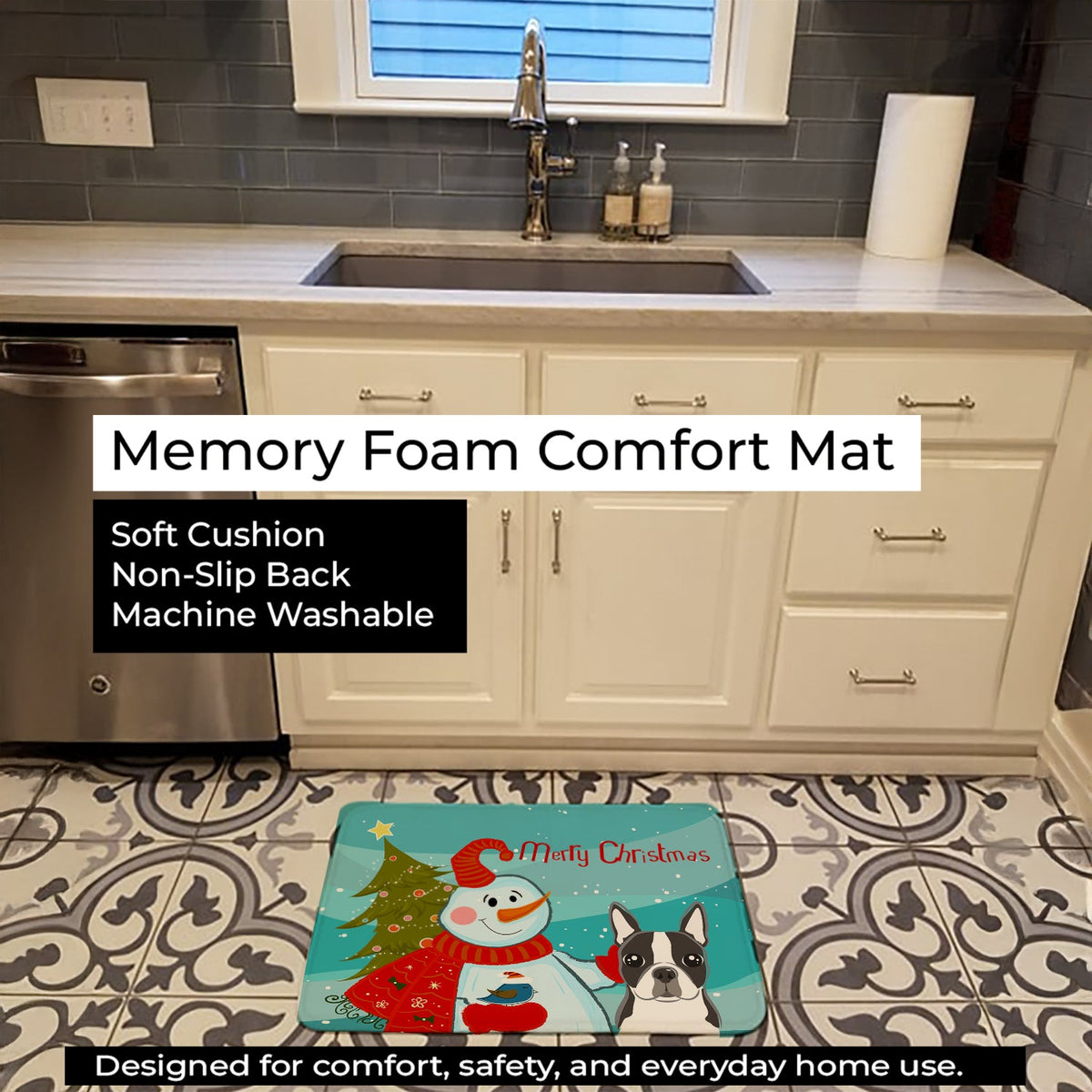 Snowman with Boston Terrier Memory Foam Kitchen Mat Machine Washable Anti-Fatigue Cushion Comfort Bath or Kitchen Rug