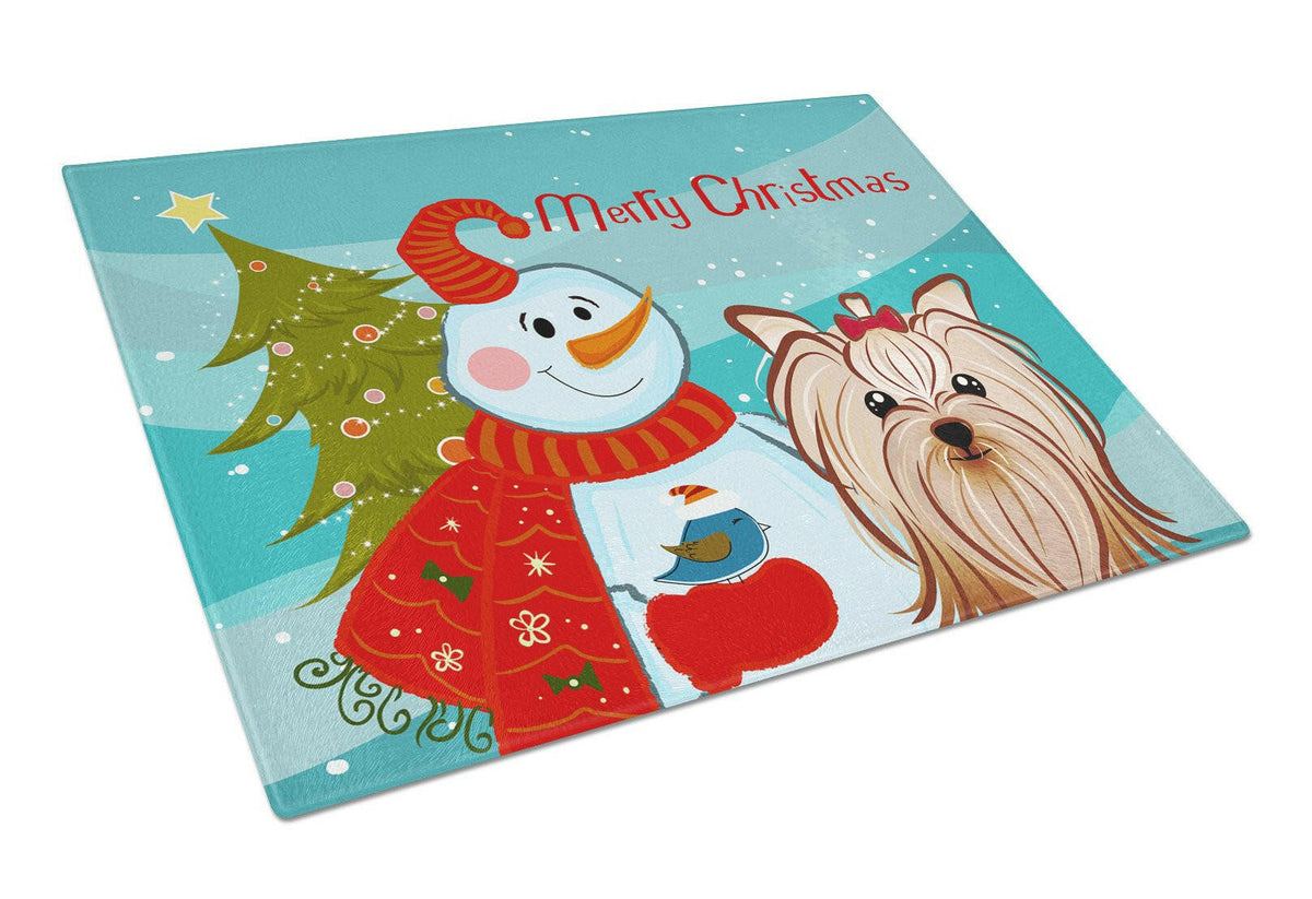 Snowman with Yorkie Yorkishire Terrier Cutting Board Tempered Glass Kitchen Cutting Surface, Heat Resistant Chopping, Non-Slip Feet, Food Prep & Serving