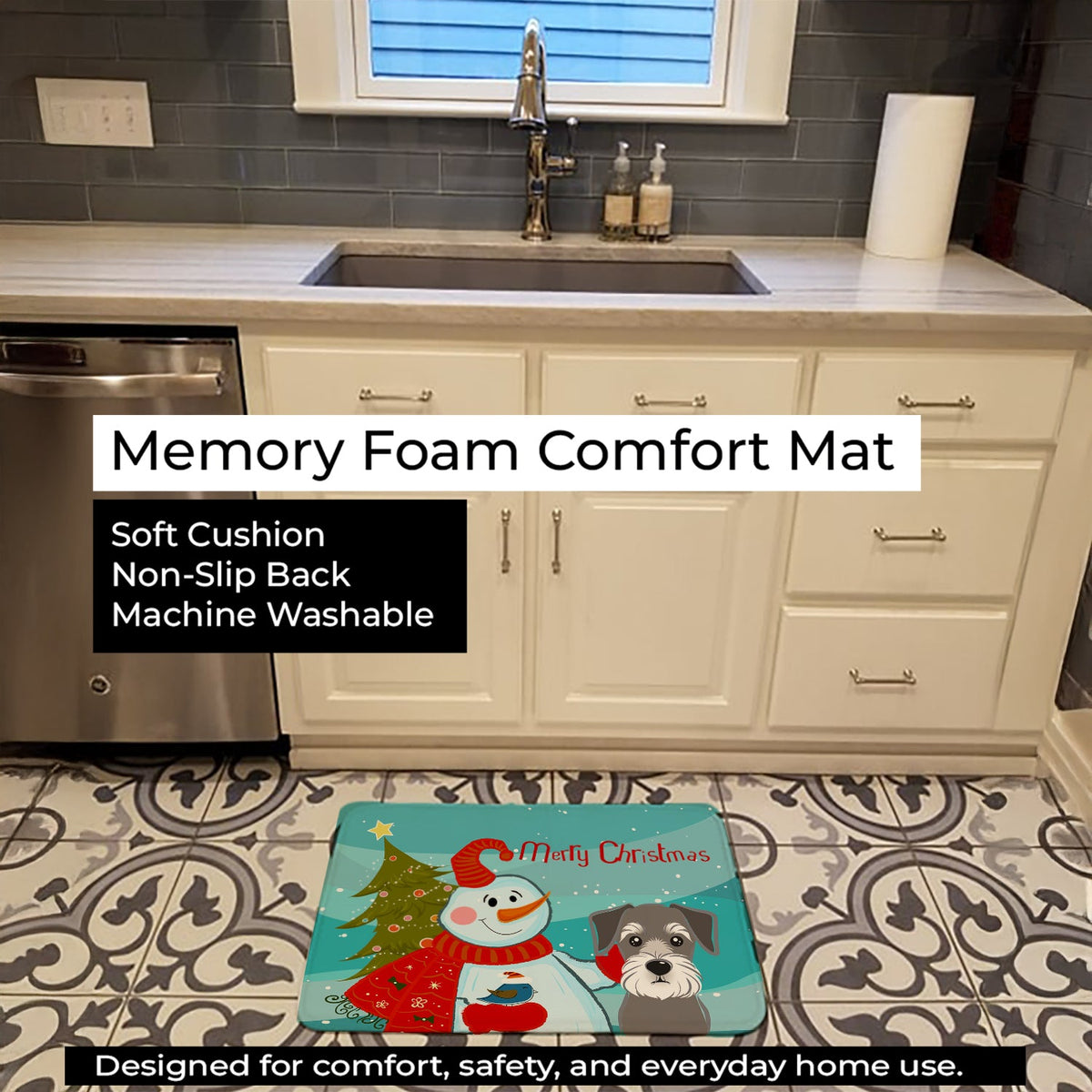 Snowman with Schnauzer Memory Foam Kitchen Mat Machine Washable Anti-Fatigue Cushion Comfort Bath or Kitchen Rug