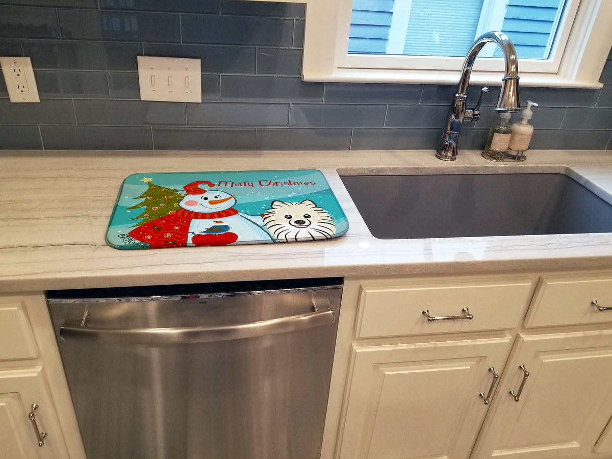 Snowman with Pomeranian Dish Drying Mat Absorbent Dish Drying Mat Pad for Kitchen Counter Dish Drainer Mat for Countertop, 14 x 21", Multicolor