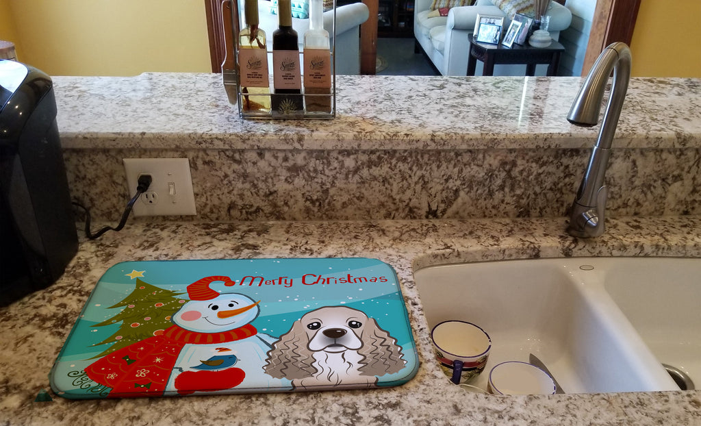 Snowman with Cocker Spaniel Dish Drying Mat Absorbent Dish Drying Mat Pad for Kitchen Counter Dish Drainer Mat for Countertop, 14 x 21", Multicolor