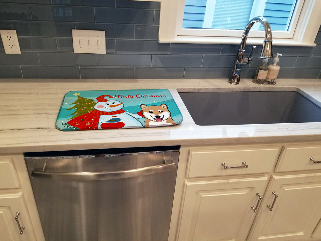 Snowman with Shiba Inu Dish Drying Mat Absorbent Dish Drying Mat Pad for Kitchen Counter Dish Drainer Mat for Countertop, 14 x 21", Multicolor