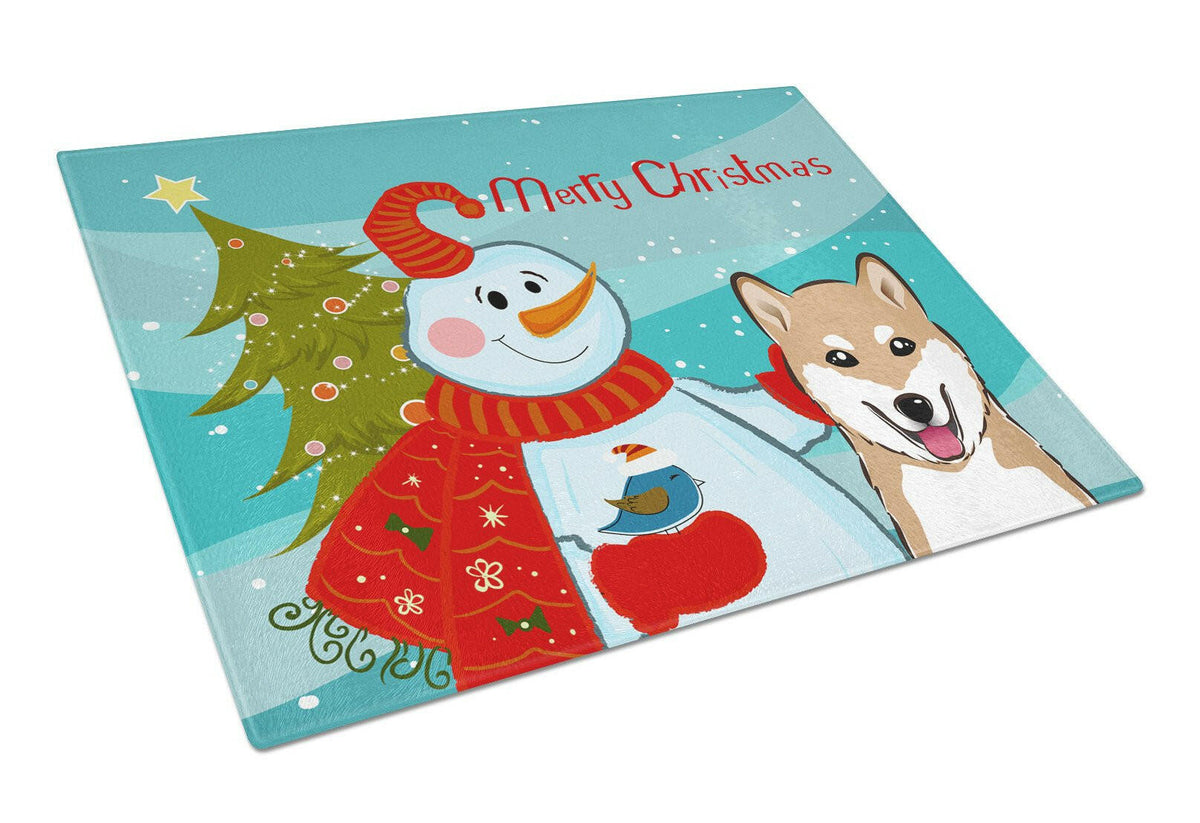 Snowman with Shiba Inu Cutting Board Tempered Glass Kitchen Cutting Surface, Heat Resistant Chopping, Non-Slip Feet, Food Prep & Serving