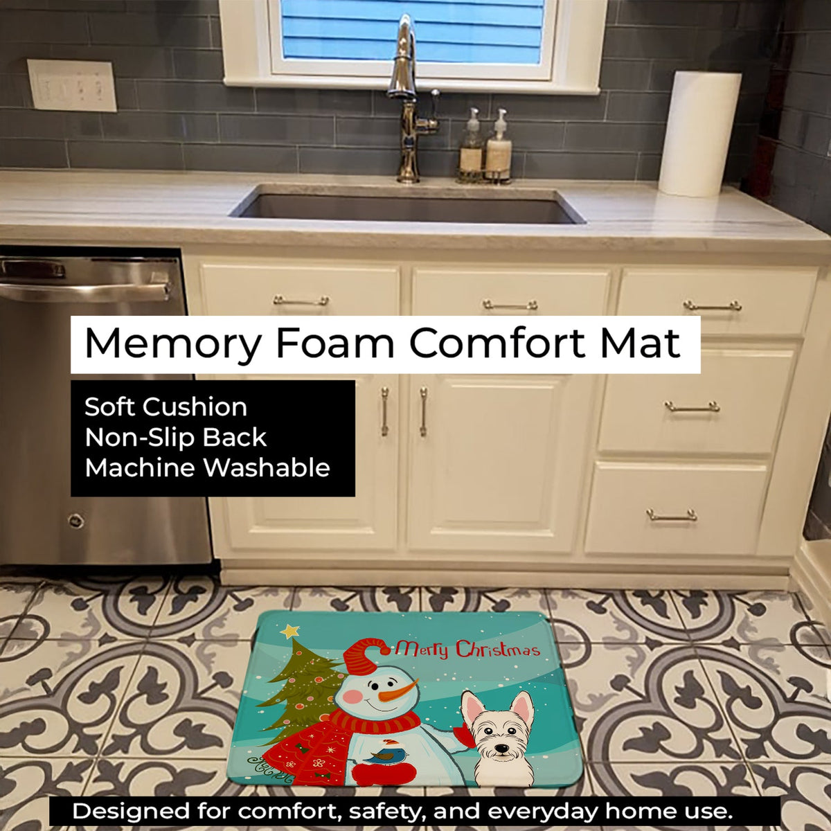 Snowman with Westie Memory Foam Kitchen Mat Machine Washable Anti-Fatigue Cushion Comfort Bath or Kitchen Rug
