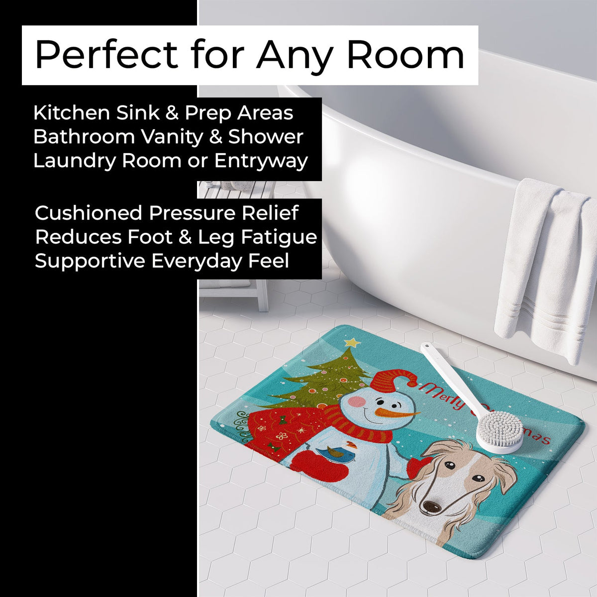 Snowman with Borzoi Memory Foam Kitchen Mat Machine Washable Anti-Fatigue Cushion Comfort Bath or Kitchen Rug