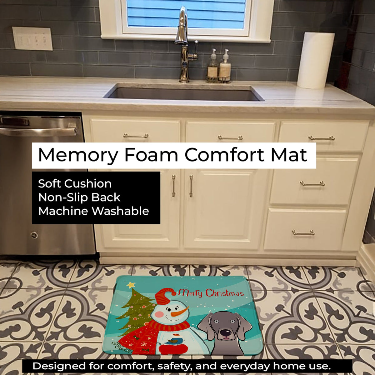 Snowman with Weimaraner Memory Foam Kitchen Mat Machine Washable Anti-Fatigue Cushion Comfort Bath or Kitchen Rug