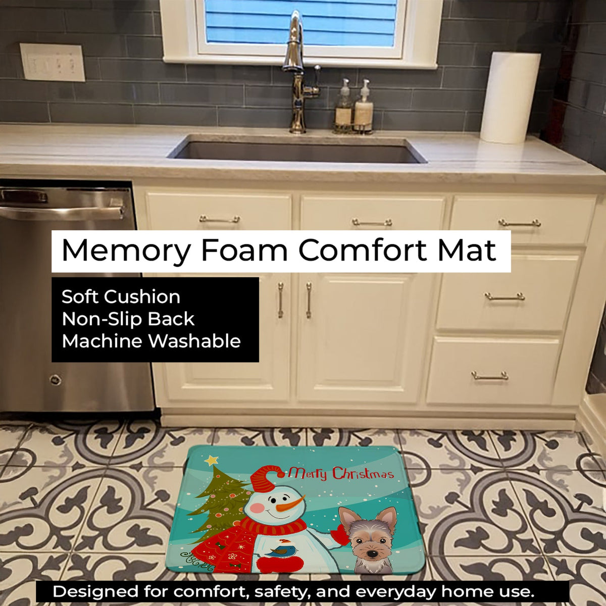 Snowman with Yorkie Puppy Memory Foam Kitchen Mat Machine Washable Anti-Fatigue Cushion Comfort Bath or Kitchen Rug